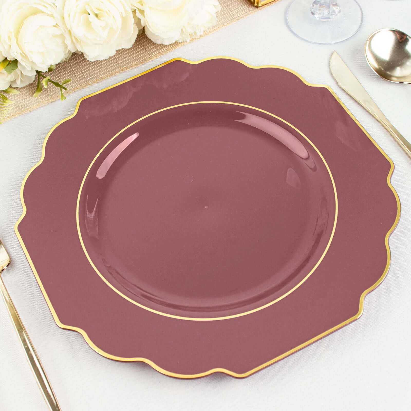 Efavormart 10 Pack | 11" Cinnamon Rose Hard Plastic Baroque Dinner Plates With Gold Rim, Heavy Duty Disposable Dinnerware