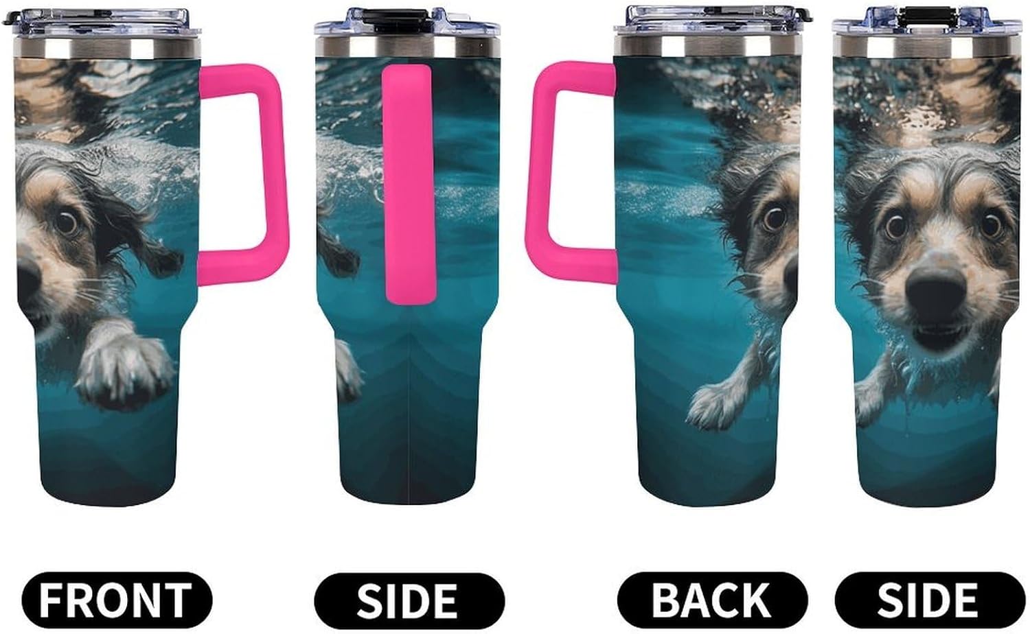 40 Oz Insulated Mug with Handle, Stainless Steel Underwater Dog Printed Travel Mug Portable Leak-proof Large Car Mug for Home, Office Or Car