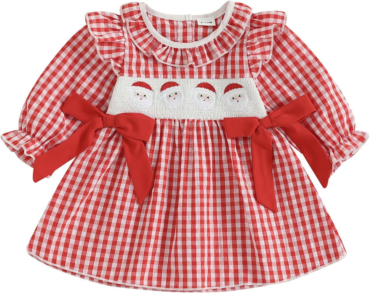 Toddler Baby Girl Christmas Dress Long Sleeve Doll Collar Red Plaid Santa Claus Embroidery Fall A Line Dress