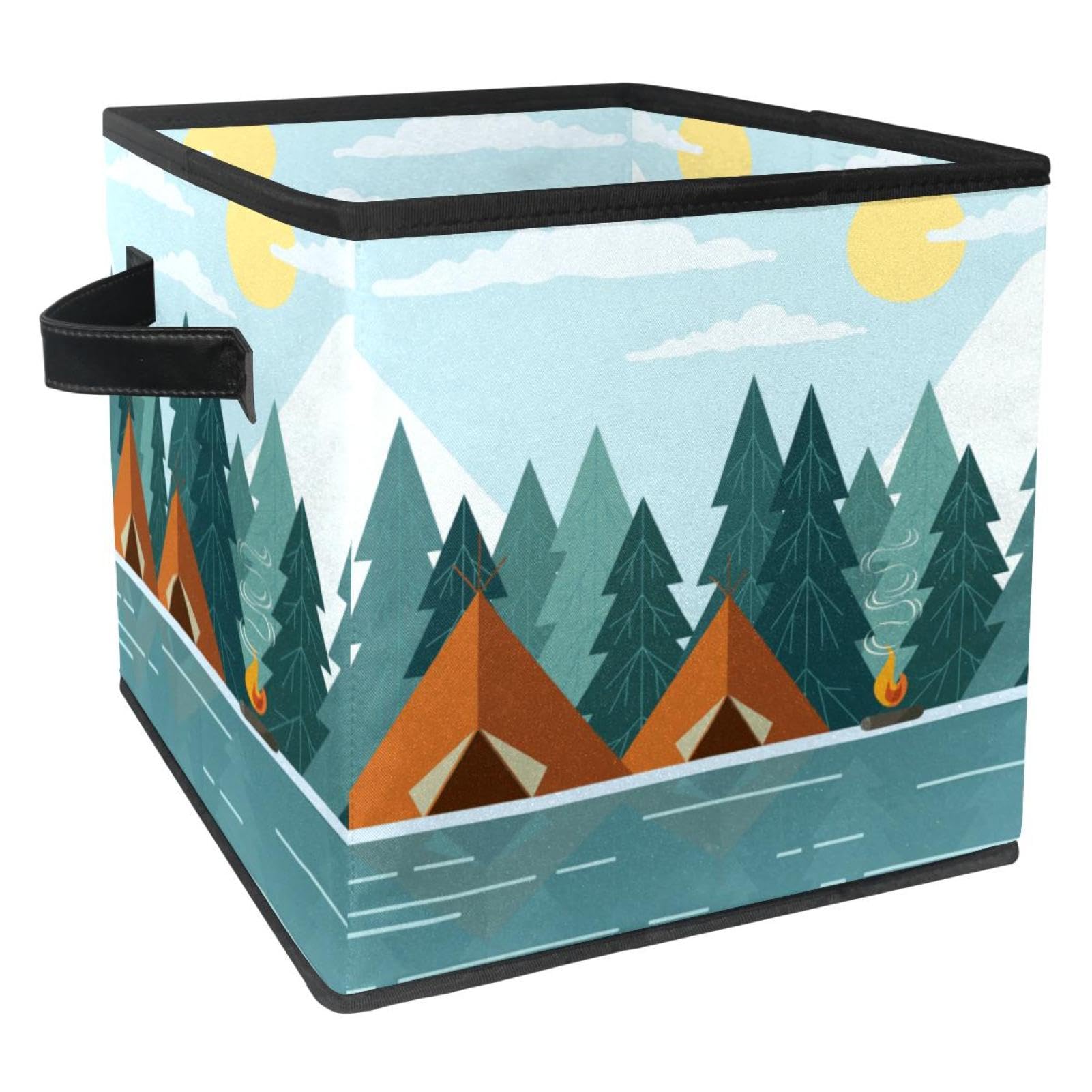 Boîte de rangement pliable en tissu cube avec poignées motif paysage