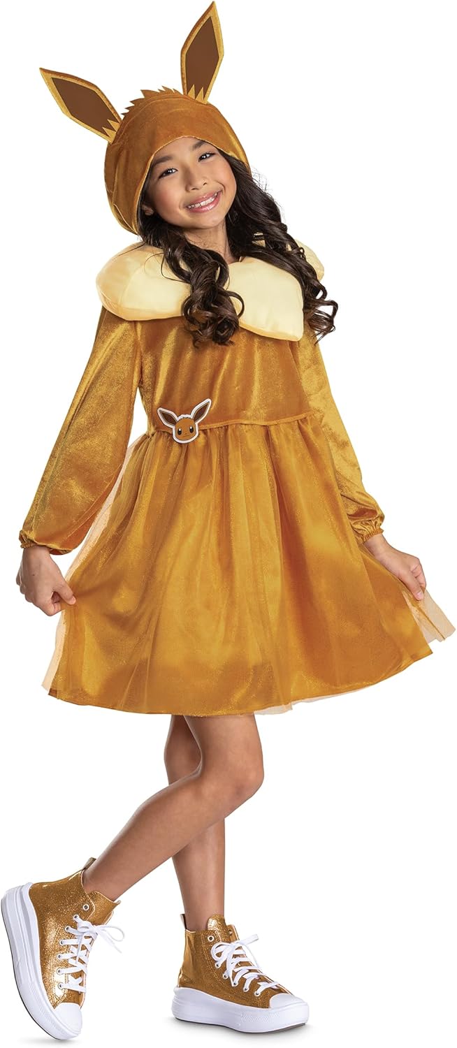 Pokemon Eevee Costume Dress for Girls, Official Pokemon Outfit with Hooded Dress