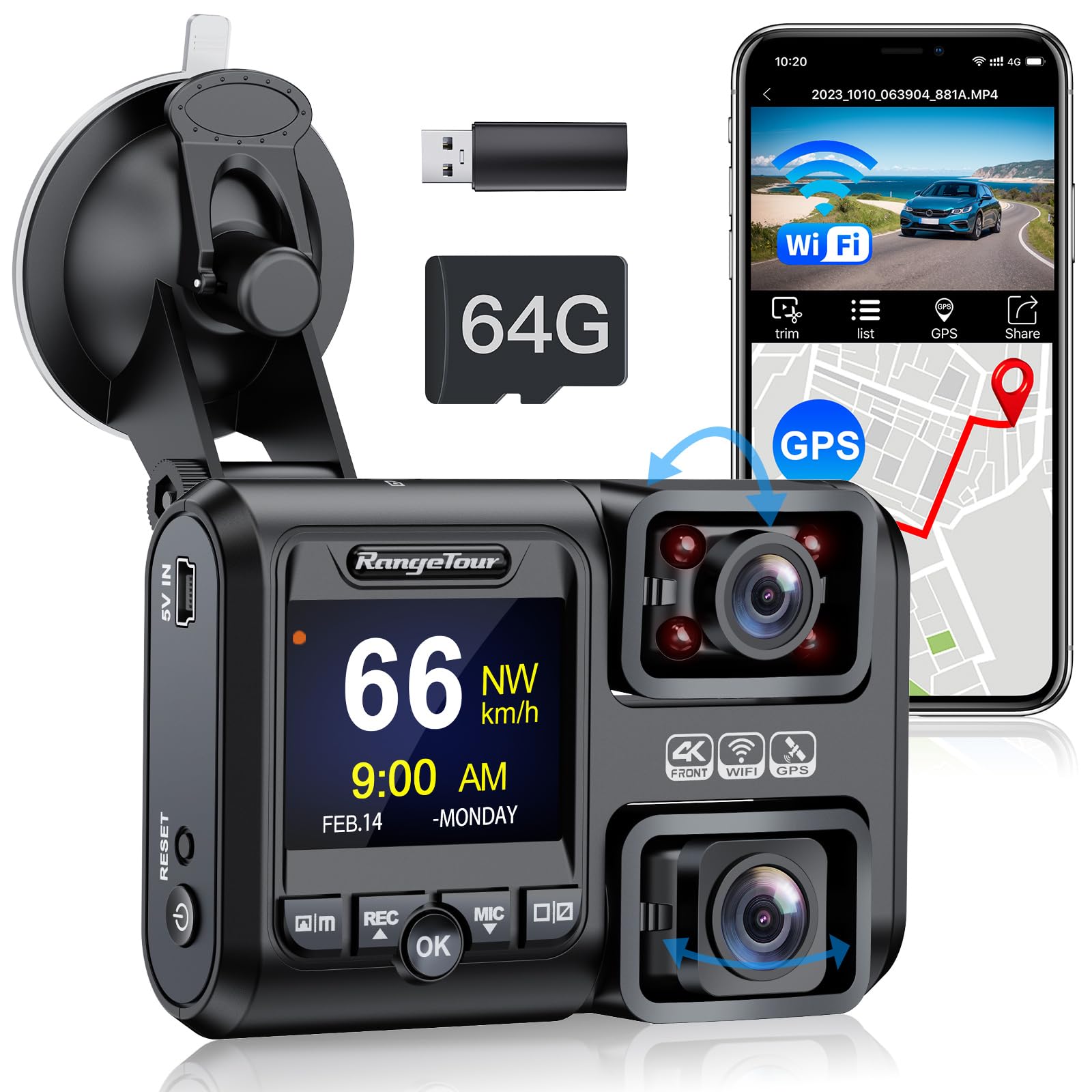 Dashcam Auto 64GB SD-Karte Dual Dash Kamera Vorne Innen 4K 2160P 2 Channel Recorder 170° Weitwinkel GPS