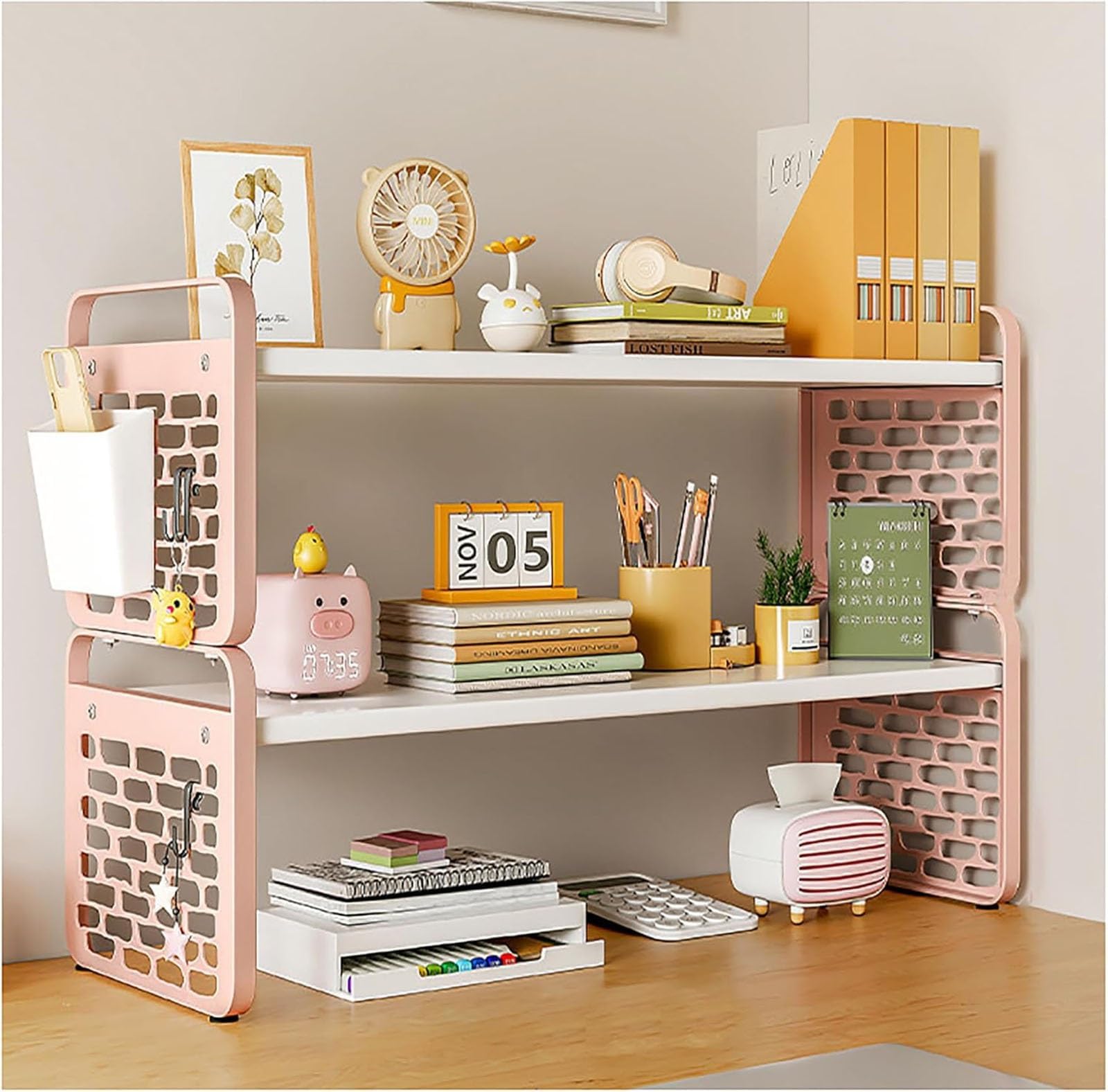 Desktop Bookcase for Computer Desk, Bookcase Countertop Storage Hutch Display Rack Table Top Shelves, 3 Tier Desktop Storage Organizer Shelf, for Dorm Office Home(Pink,2 tier)