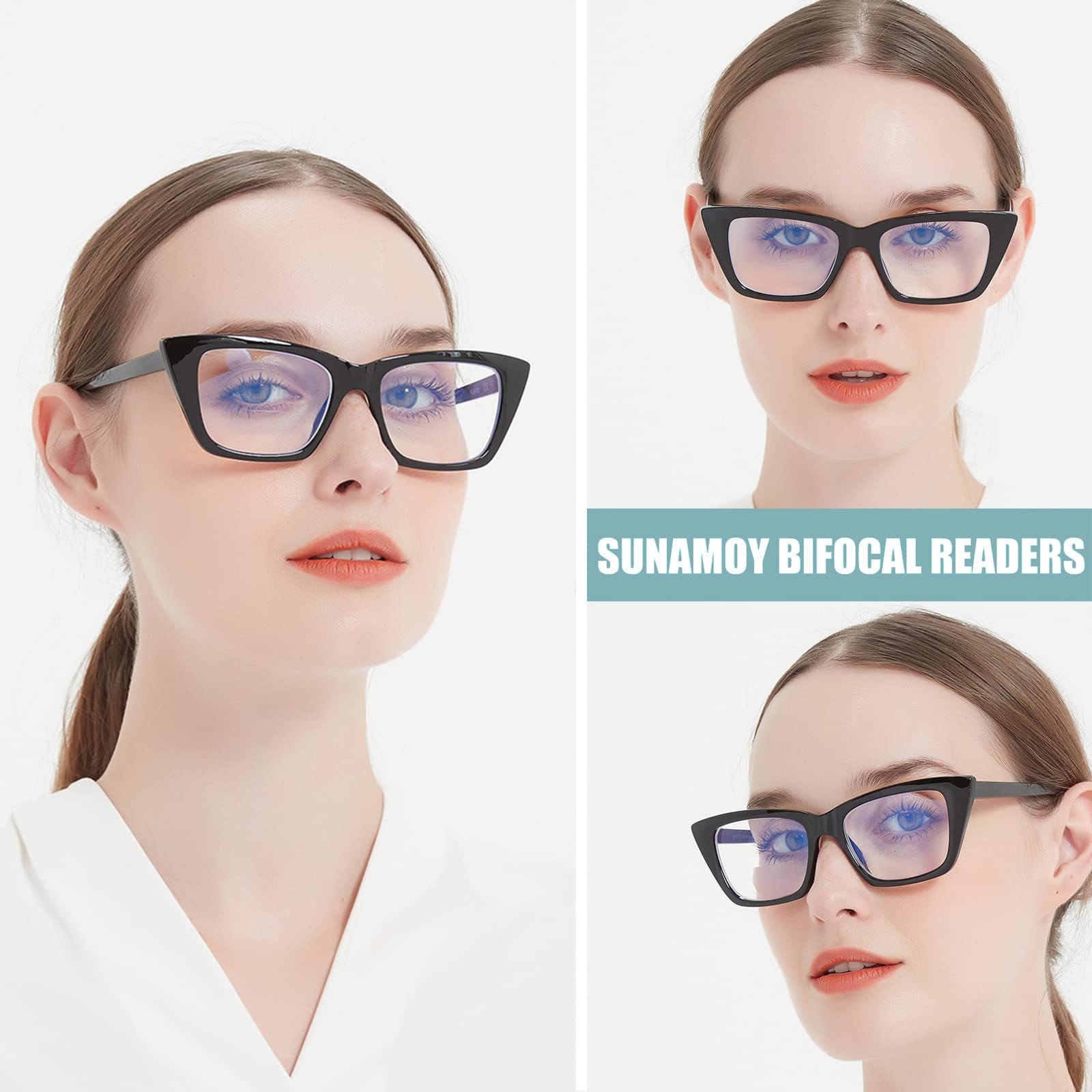 SUNAMOY Bifocal Reading Glasses Women Fashion Cat Eye Blue Light Blocking Computer Readers With Clear Top Unbreakable Stylish Oversized Ladies Sunglasses Large Cateye Eyeglasses Frame 2 Packs+1.0