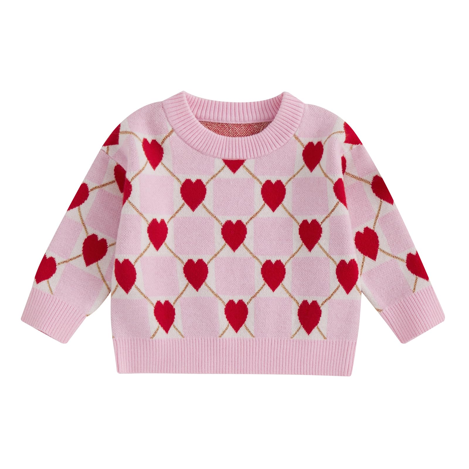 NANYKNIGHTY Baby Girls Valentines Knit Sweater Long Sleeve Heart Print Pullover Sweatshirt Knitwear (Pink, 2-3 Years)