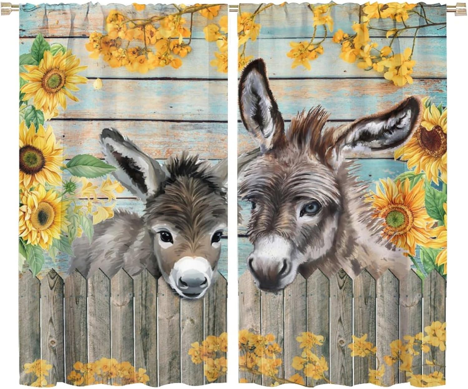 Rustic Farmhouse Animals Donkey Blackout Curtains for Living Room,Cute Funny Watercolor Wooden Board Floral Sunflower Room Darkening Window Curtains with Rod Pocket - 2 Panels 63" L x 36" W