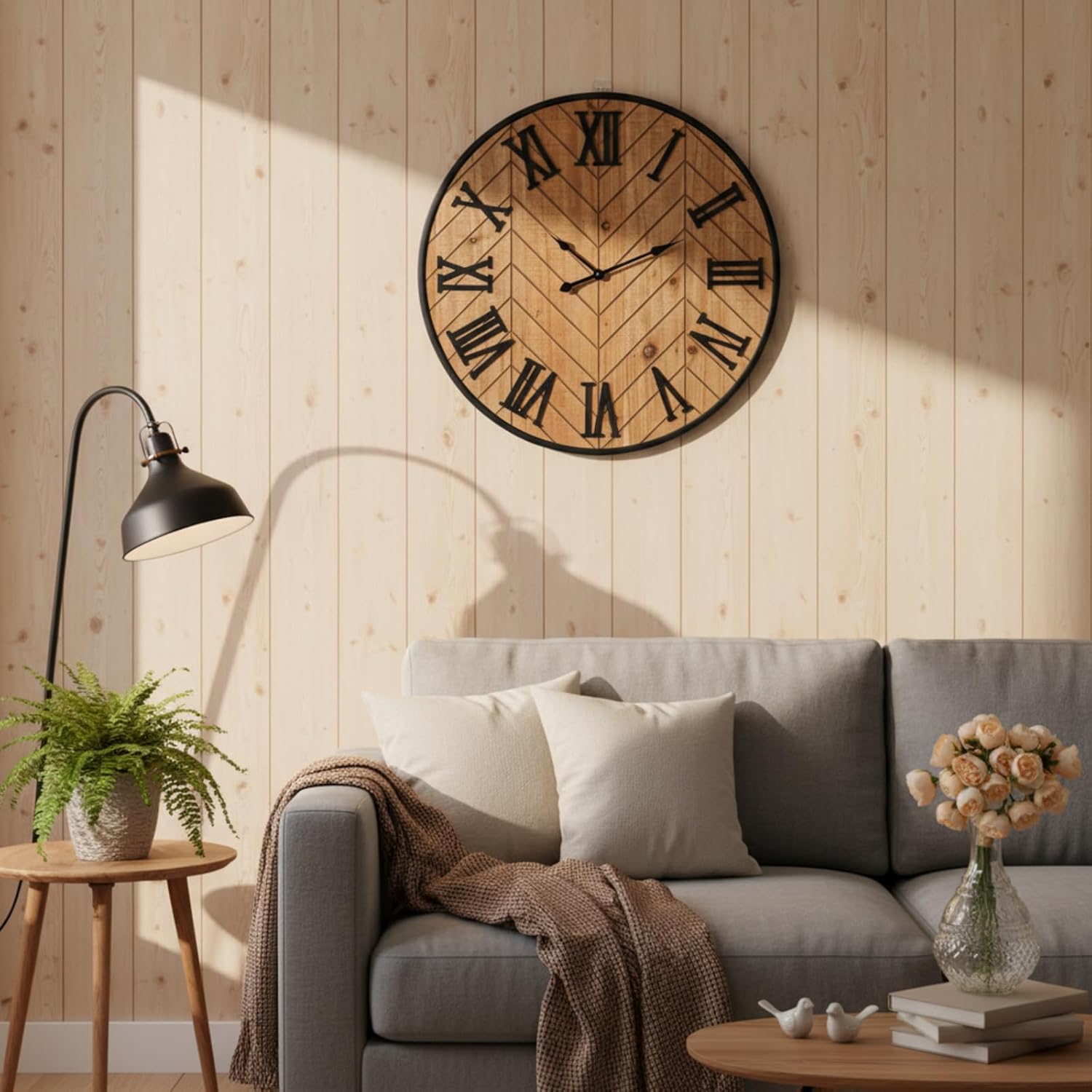 Kenning 20 Inch Wall Clock, Large Wooden Farmhouse Clock with 3D Roman Numerals Herringbone Grain, Silent Non-Ticking Battery Operated, Rustic Vintage Wall Decor for Living Room Kitchen Office