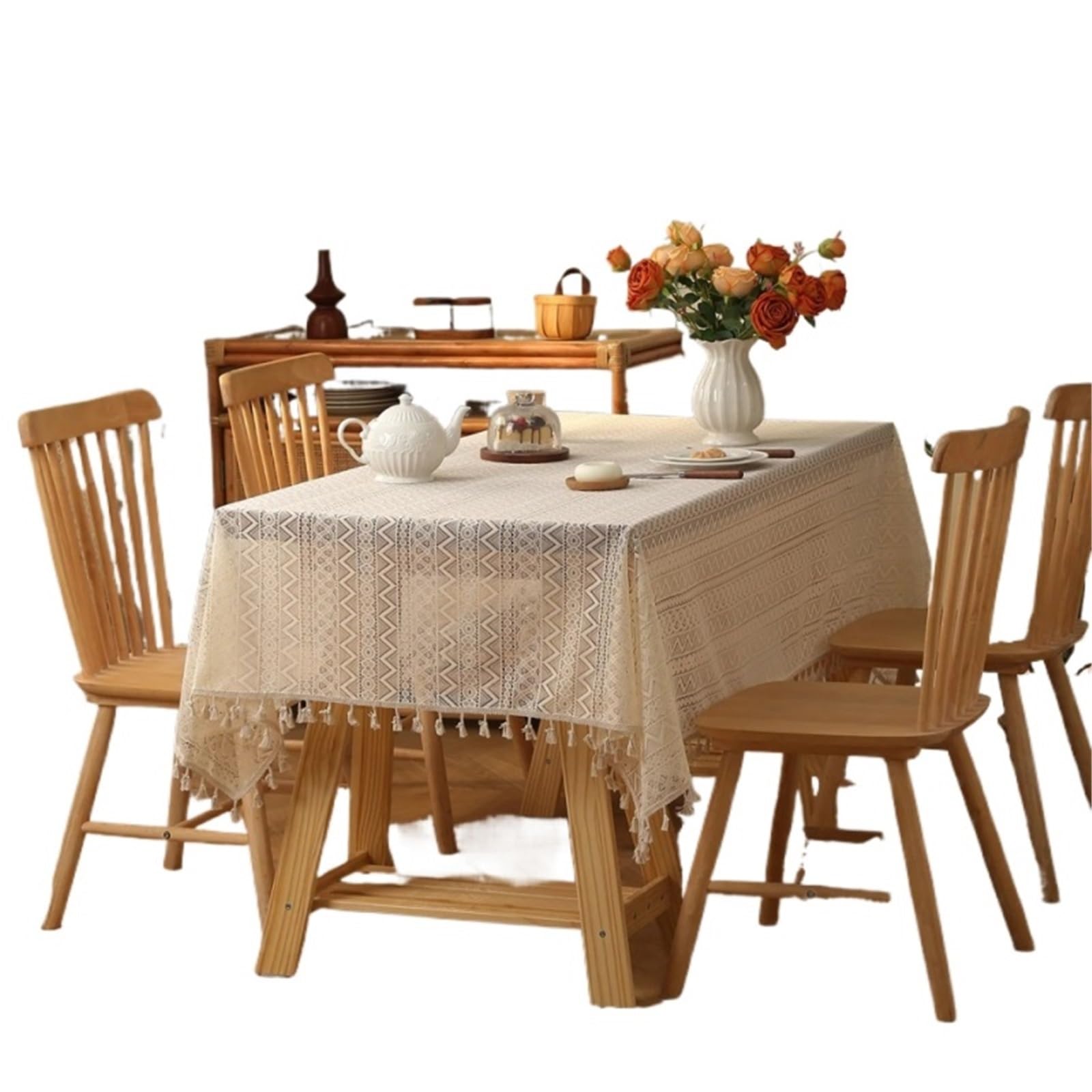 WDSBZNB Lace Tablecloth Lace Tassel Tablecloth Beige Wave Country Style Living Room Kitchen Tea Table Dining Decorative Cover(140x140cm)