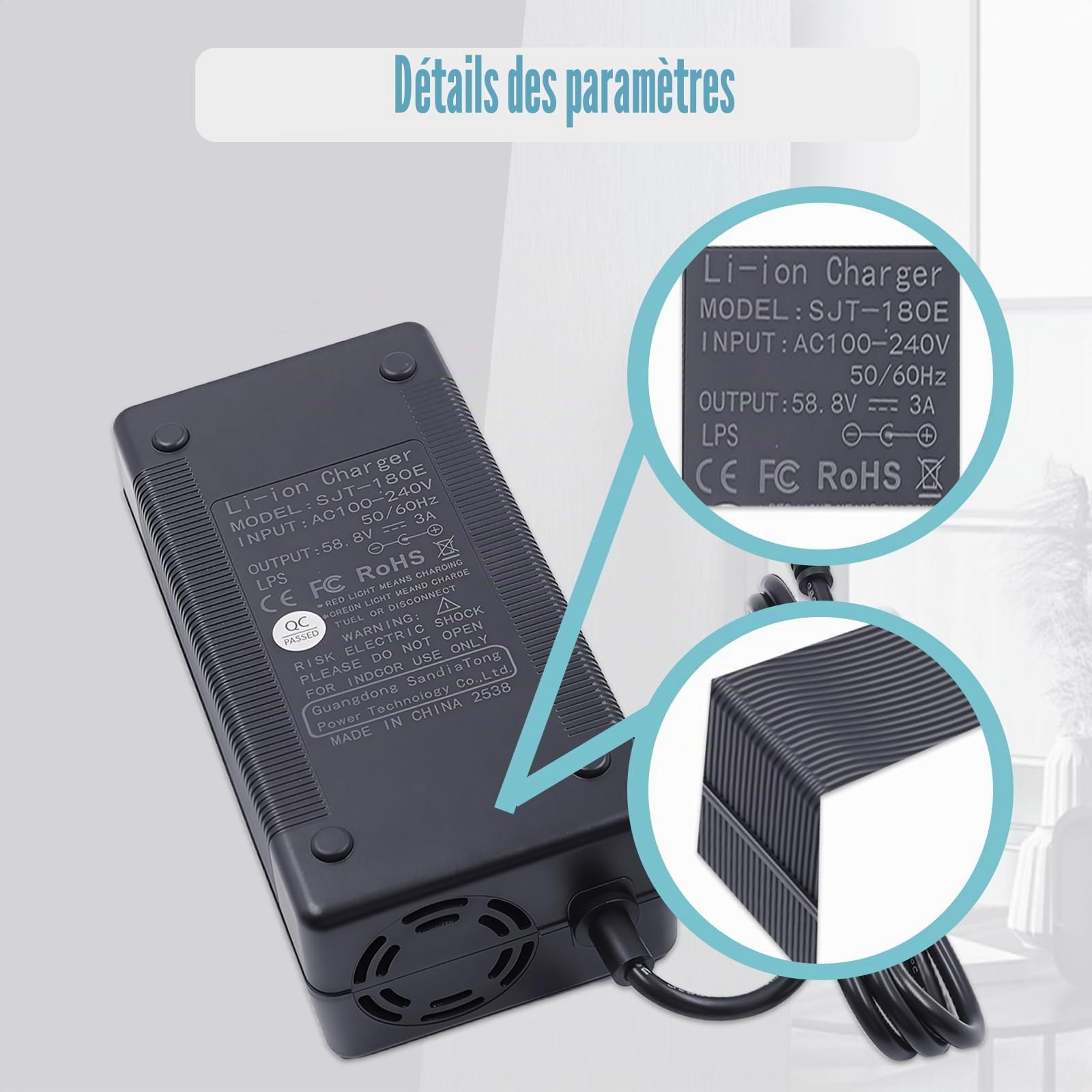Chargeur rapide 58,8 V 3 A/2 A pour scooter électrique et vélo 5,5 mm, convient pour batterie au lithium 50 V 52 V 51,8 V 14S pour scooter Nanrobot D6 et plus 50 V 52 V