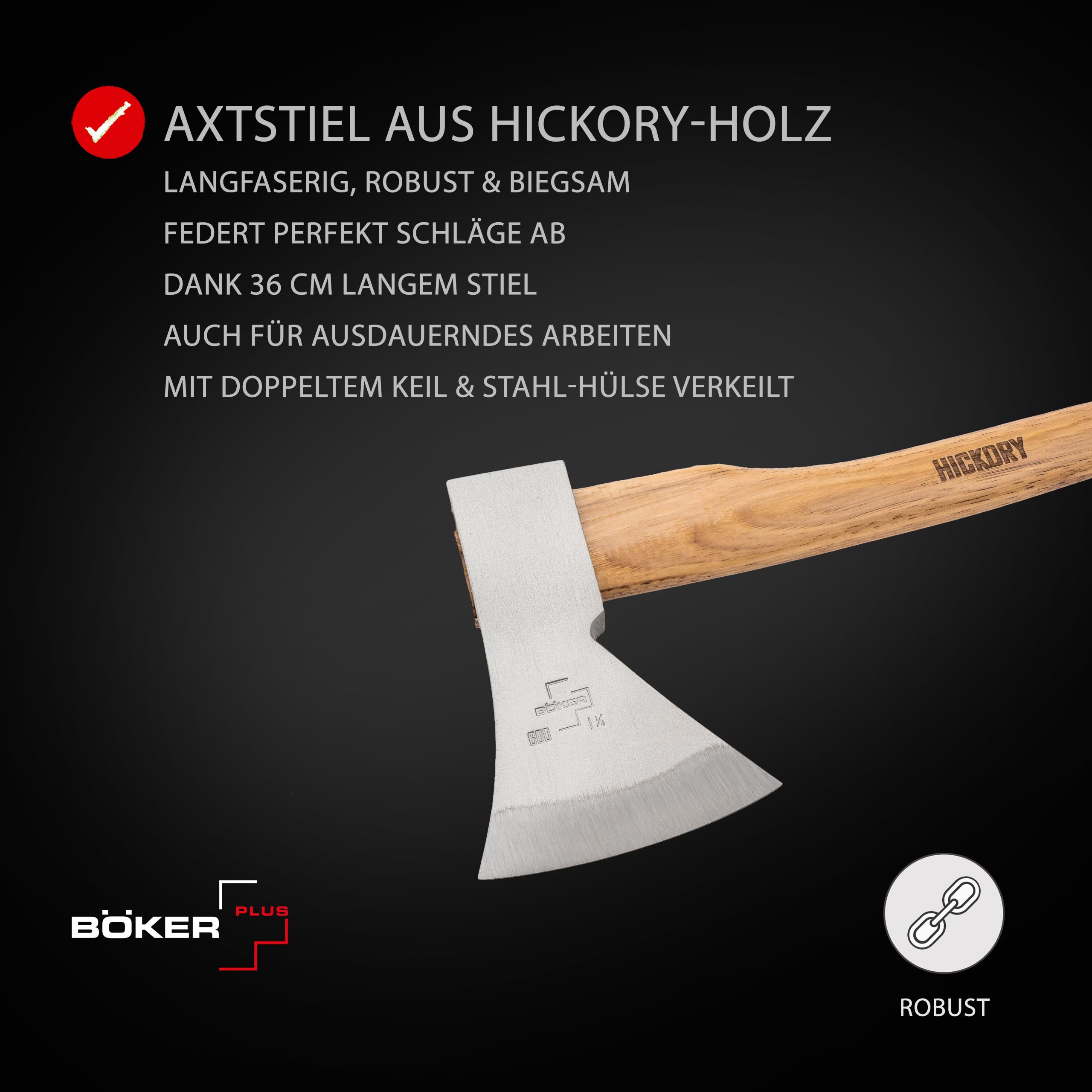 BÖKER PLUS® Appalachian Axe Small - kleine Carbon Axt mit kurzem Hickory-Holz-Stiel - Bushcraft-, Outdoor- & Survival-Axt - Profi Beil mit rheinischem Kopf 600 g aus Kohlenstoff-Stahl 1055