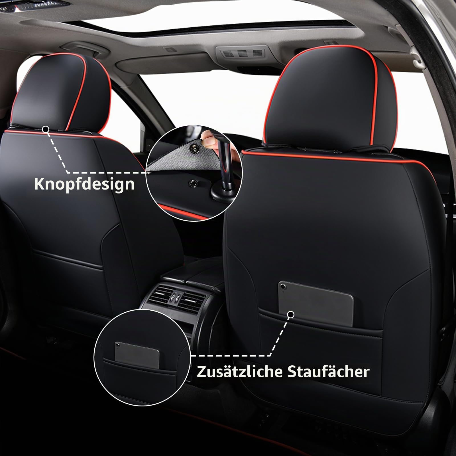FLORICH Autositzbezüge, Vordersitzbezüge, wasserdicht, Leder, universal, passend für die meisten Autos, SUVs, LKWs (Schwarze Sitzbezüge mit roter Nähte, 2 Vordersitze)