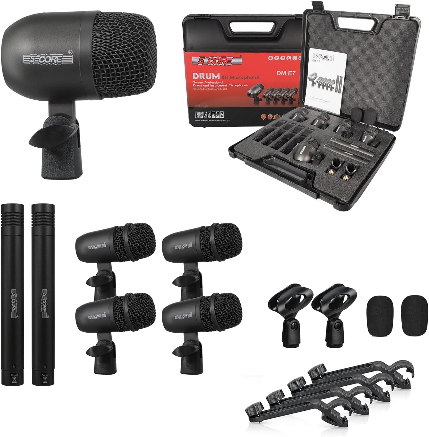 5 CORE Drum Microphone Kit 7 Piece All Metal Drummer Mics Tom/Snare & Cymbals Professional Wired Instrument Drums Set Microfonos Black - DM E7 BLK