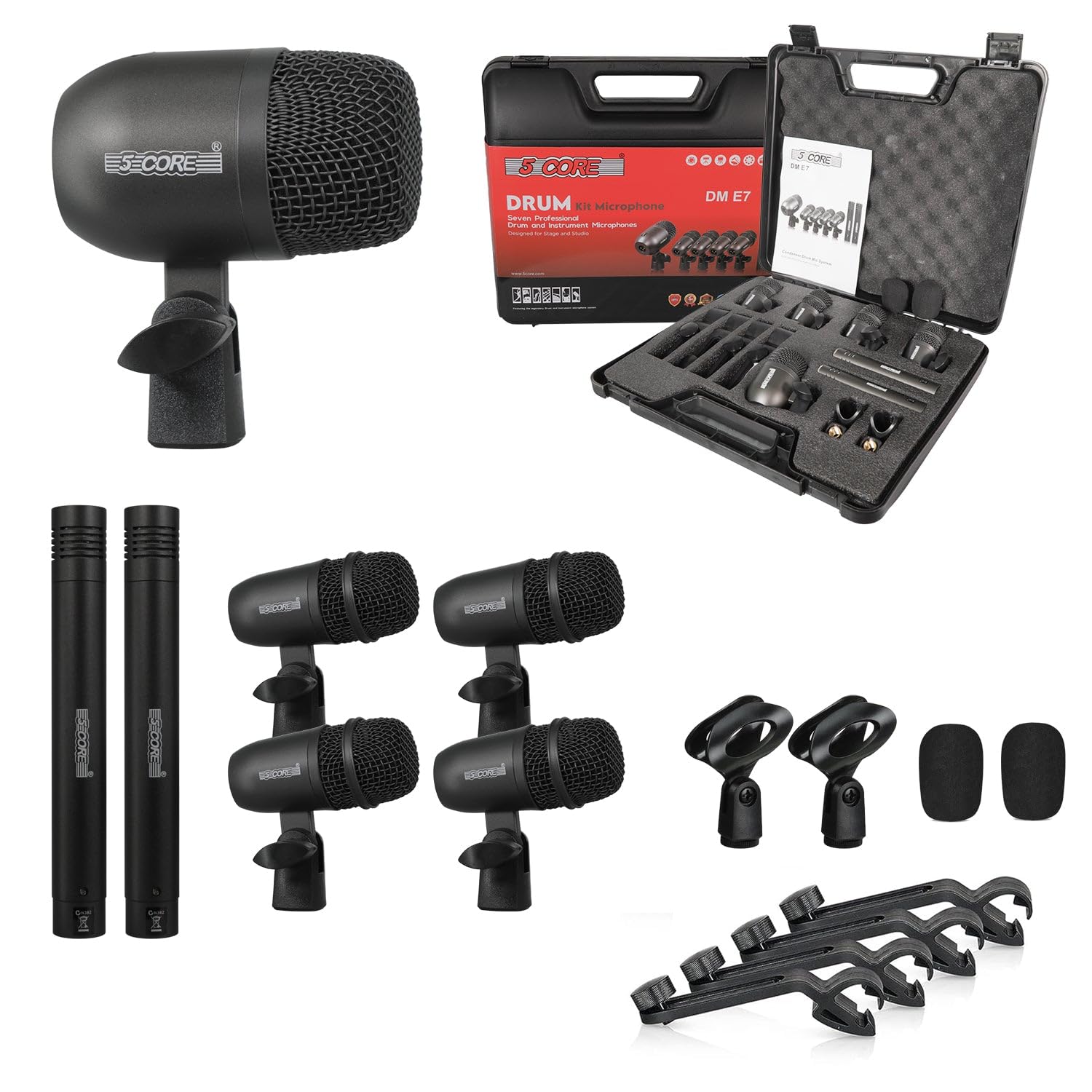 5 CORE Drum Mic Kit 7 Piece All Metal Drummer Microphone Set Black