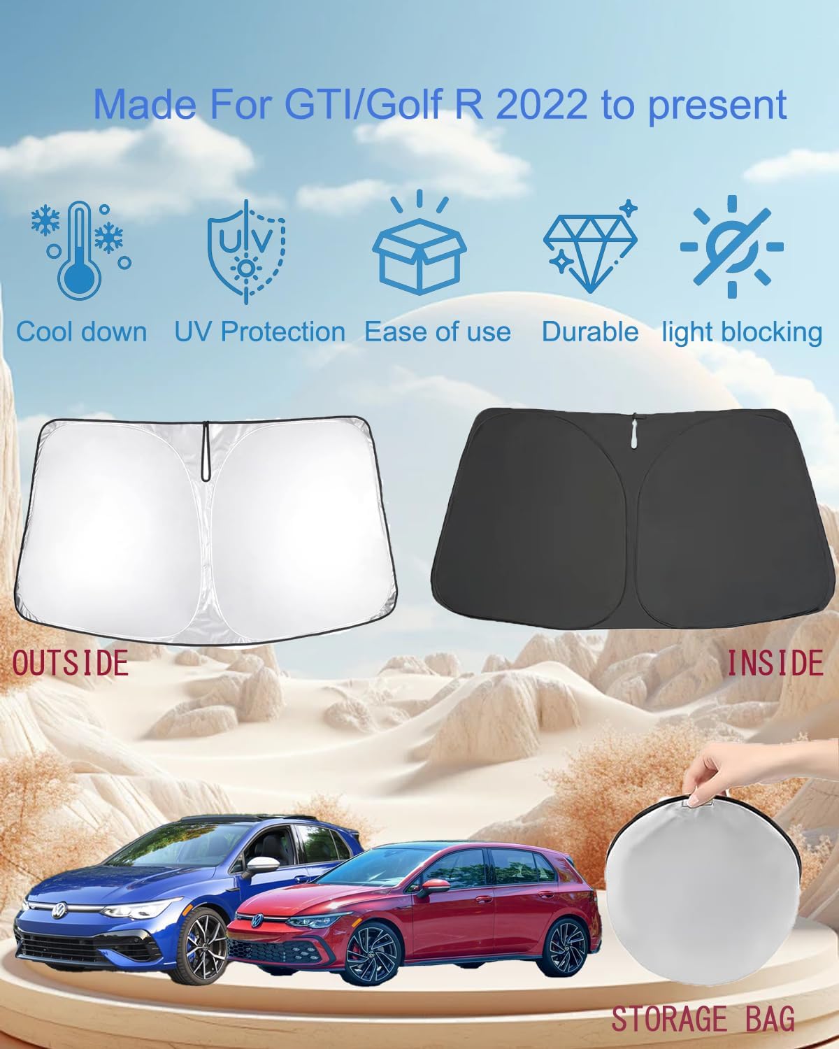 oricarmes Precisely Designed for 2022-2025 2026 GTI/Golf R Sunshade 99% UV Blocking GTI/Golf R Accessories Windshield Sun Shade Custom Fit & OEM-Approved Design
