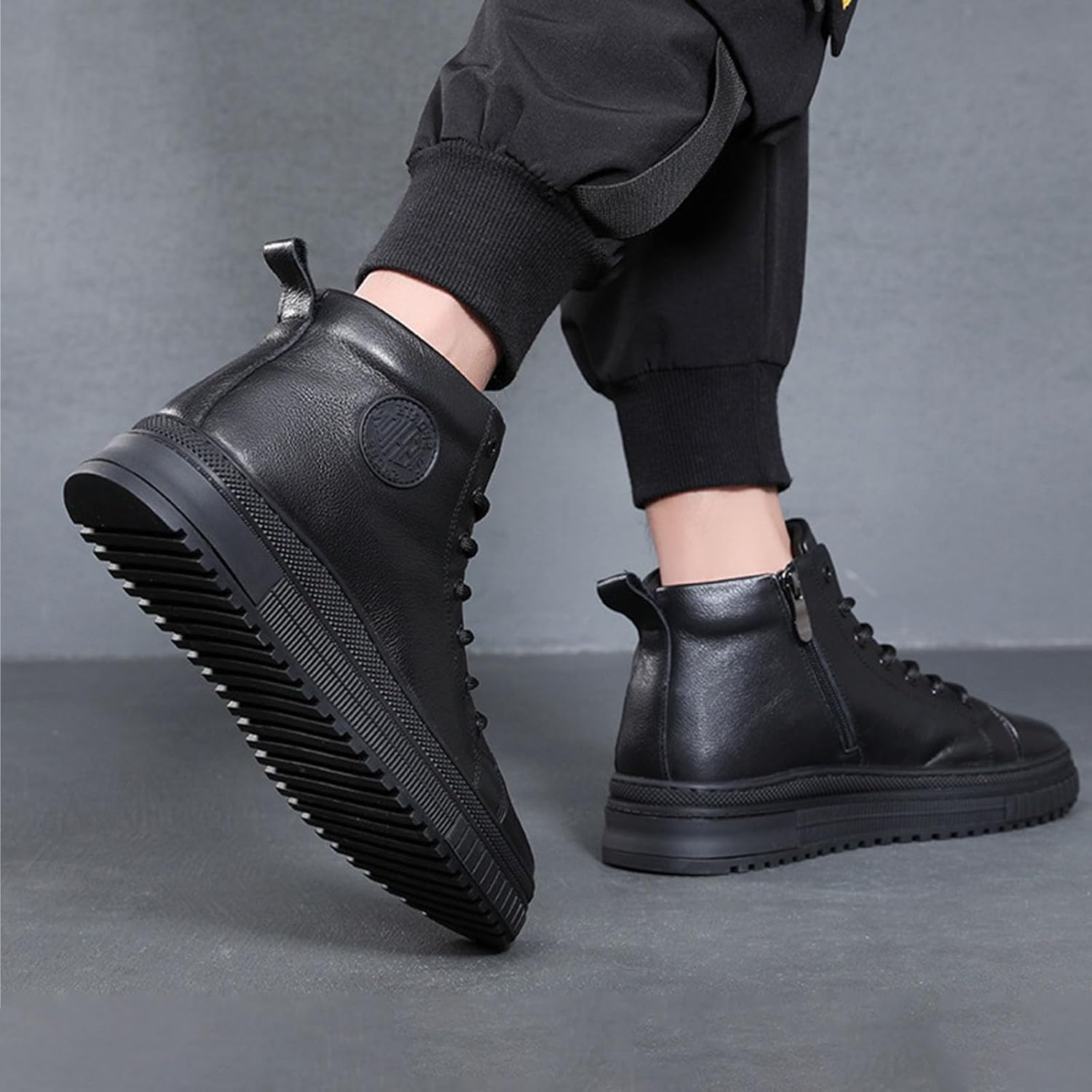 MOYOWEI Men's Black High-top Casual Leather Boots,Fall/Winter Round Toe Non-slip Side Zip Travel Height Sneakers Ankle Booties - Image 2