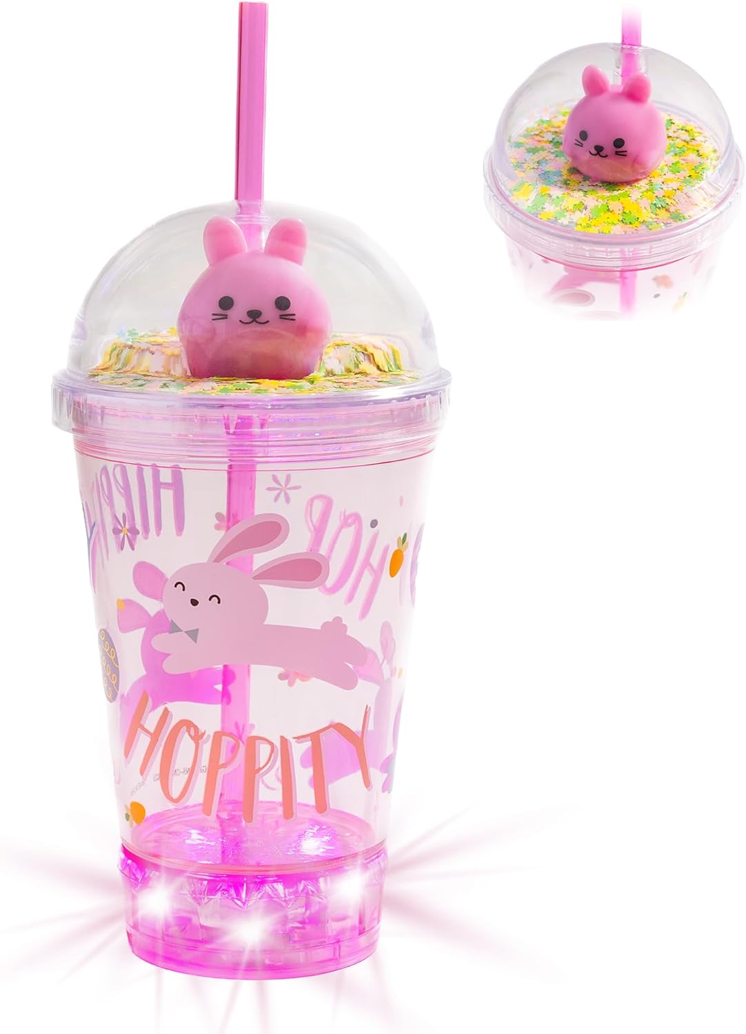 Easter Light-Up Dome Cup – Pink Rabbit, Reusable LED Party Drinkware with Glitter Dome Lid