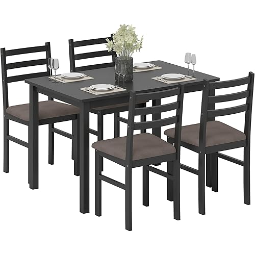 HOMCOM 5-Piece Dining Table Set for 4, Farmhouse Kitchen Table Set with 4 Upholstered Padded Chairs, Solid Wood Legs and Backrest for Small Space, Dining Room, Breakfast Nook, Black