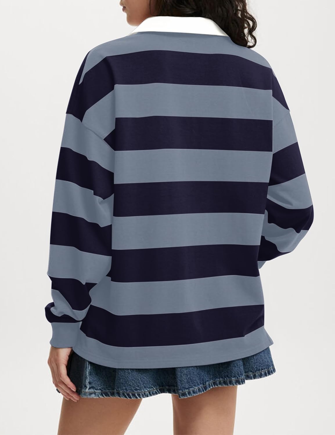 Women's Oversized Striped Polo Sweatshirt Long Sleeve Rugby Collared Pullover Tops Loose Fit Shirt - Image 5