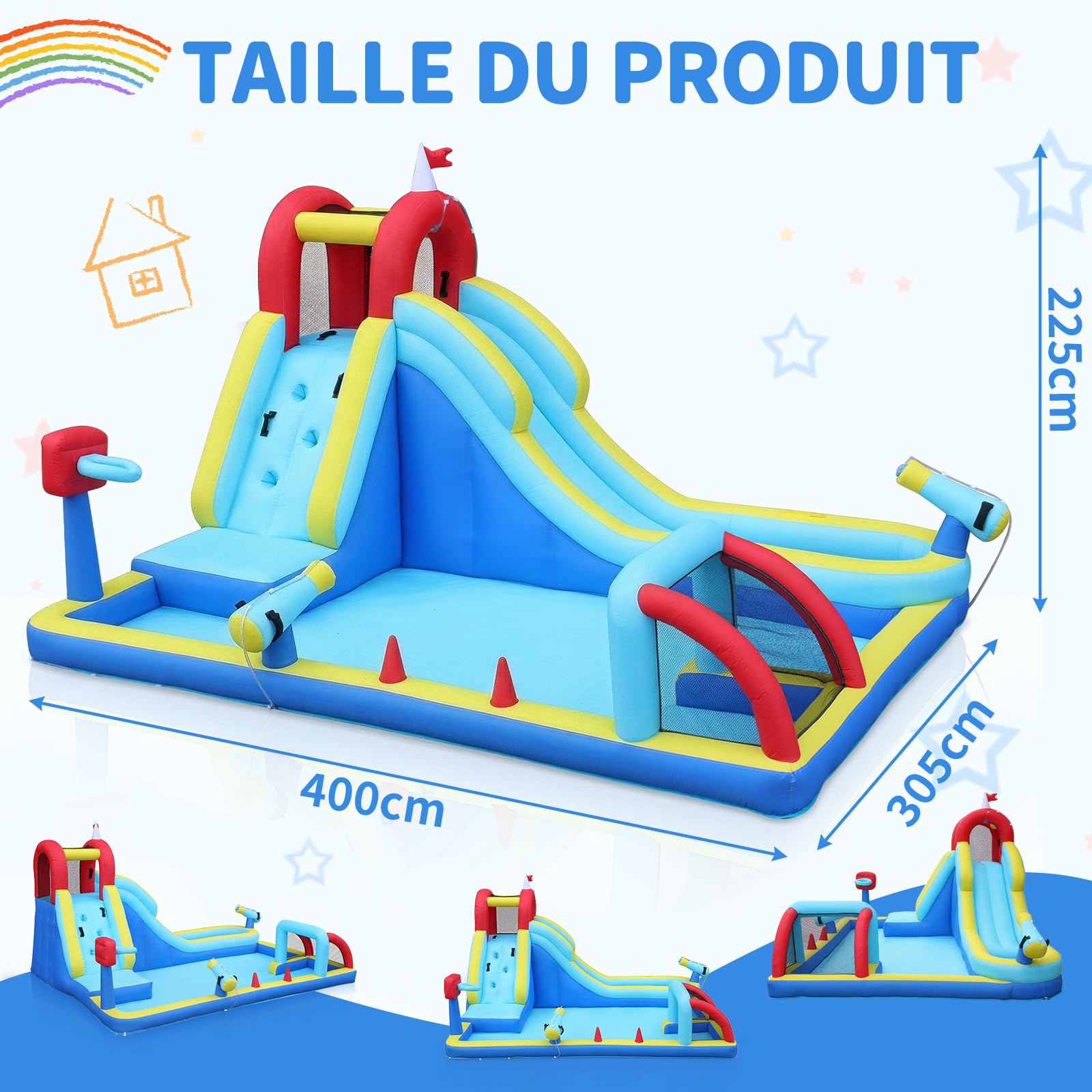 LEADZM Château Gonflable sur Le Thème du Sport avec Souffleur, Buts de Football, Paniers de Basket, Longue Barrière de Toboggan et Aire de Jeux d'ea, 400 * 305 * 225cm