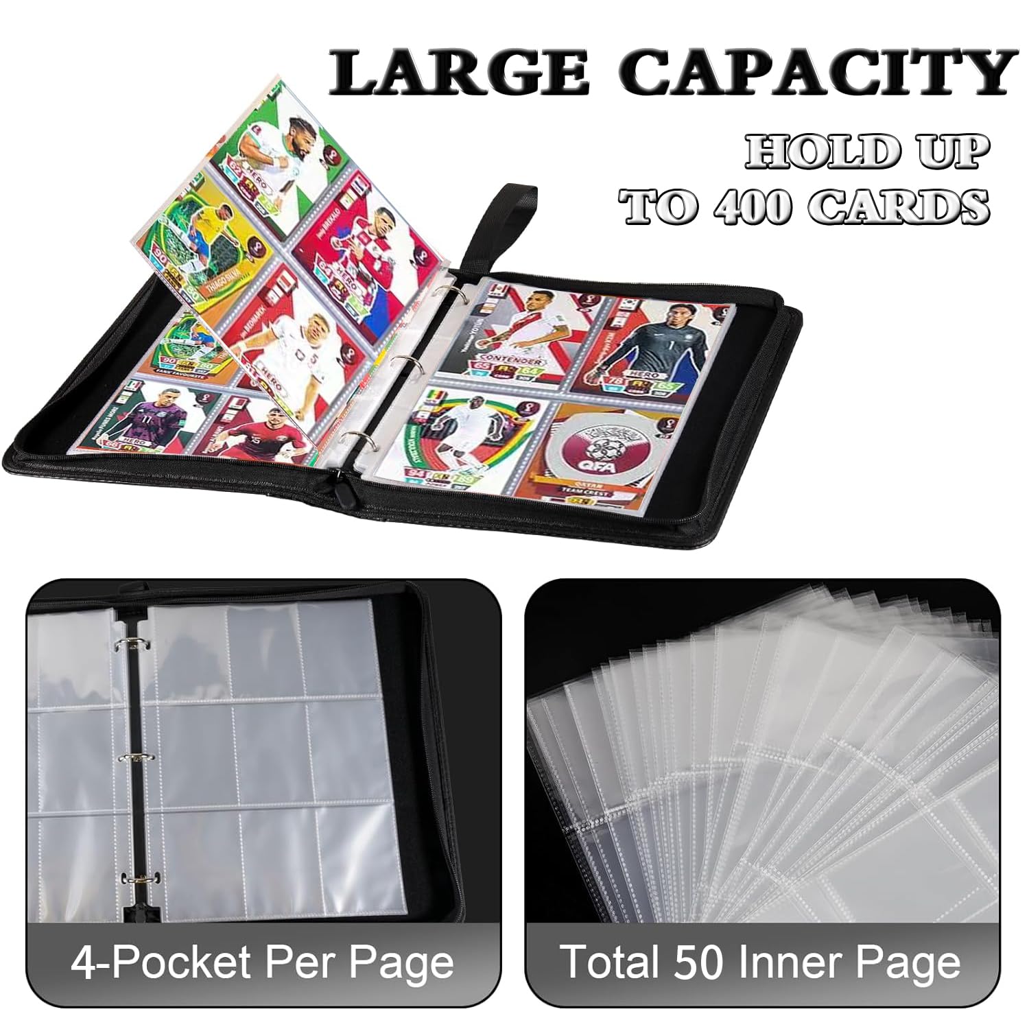 Trading Card Binder 400 Pockets, 4 Pocket Premium Collection Card Album Folder with 50 Double-Sided Removable Sleeves - Image 4