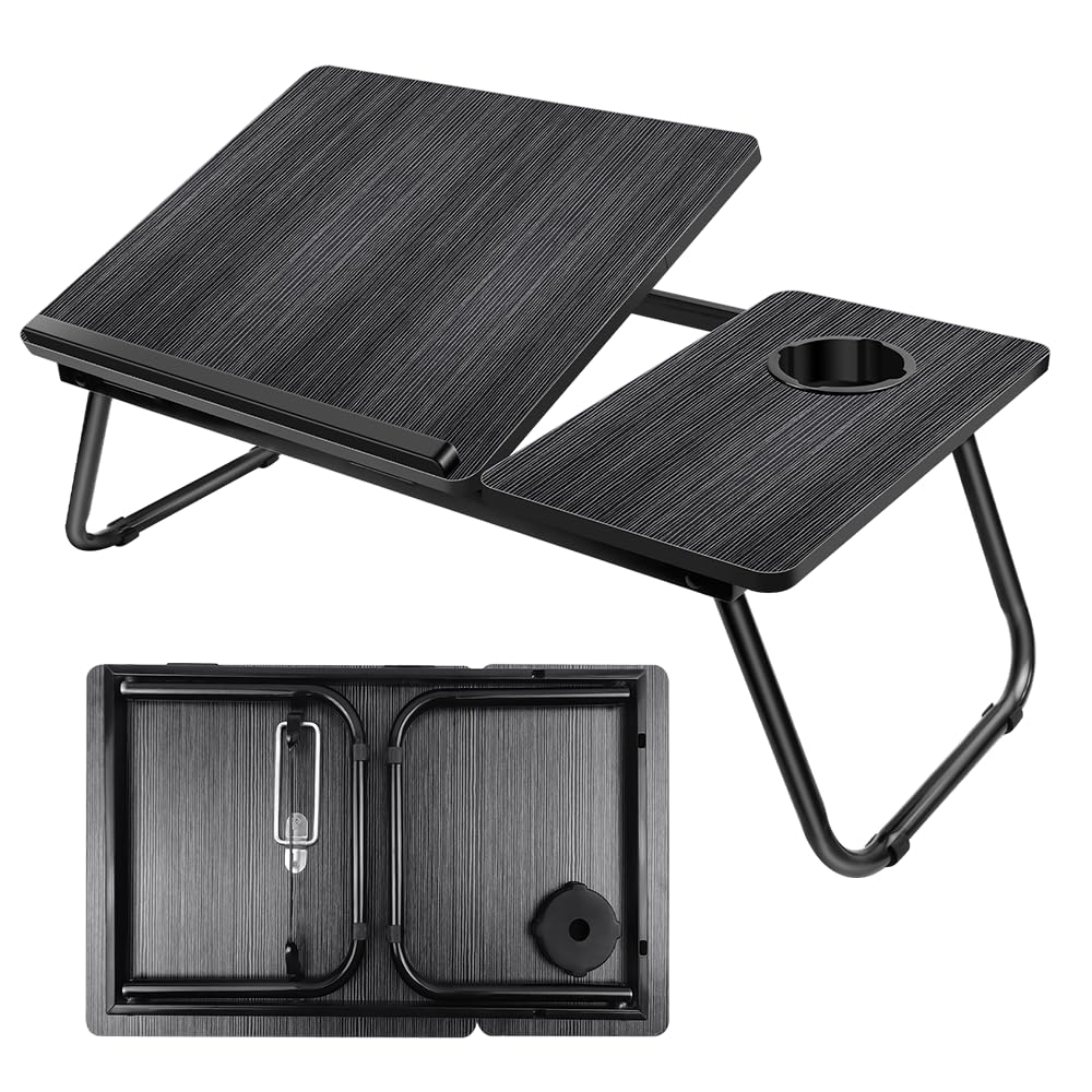 Laptop Bed Table with Foldable Legs, Laptop Desk with Book Stand and Cup Holder, 5-Level Adjustable Height Laptop Bed Table ideal for Home Office and Study, 56 x 32.5 x 23.3 cm, Black