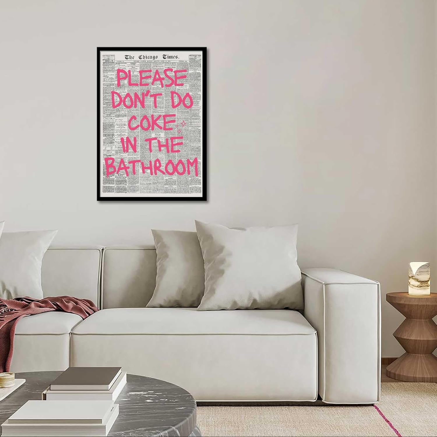 Please Don'T Do Coke In The Bathroom Posters Vintage Newspaper Canvas Wall Art Pink Pretty Prints for Living Room Bedroom Home Wall Decor 12x16in Wframed