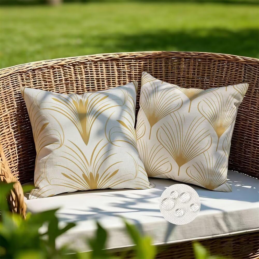 Outdoor Cushions Waterproof Gold Cushion Covers 35cm x 35cm Set of 2 Boho Garden Cushions Nordic Cushion Cover Decorative Pillows Linen Throw Pillow Case for Couch Sofa Patio Garden Furniture (IU227)