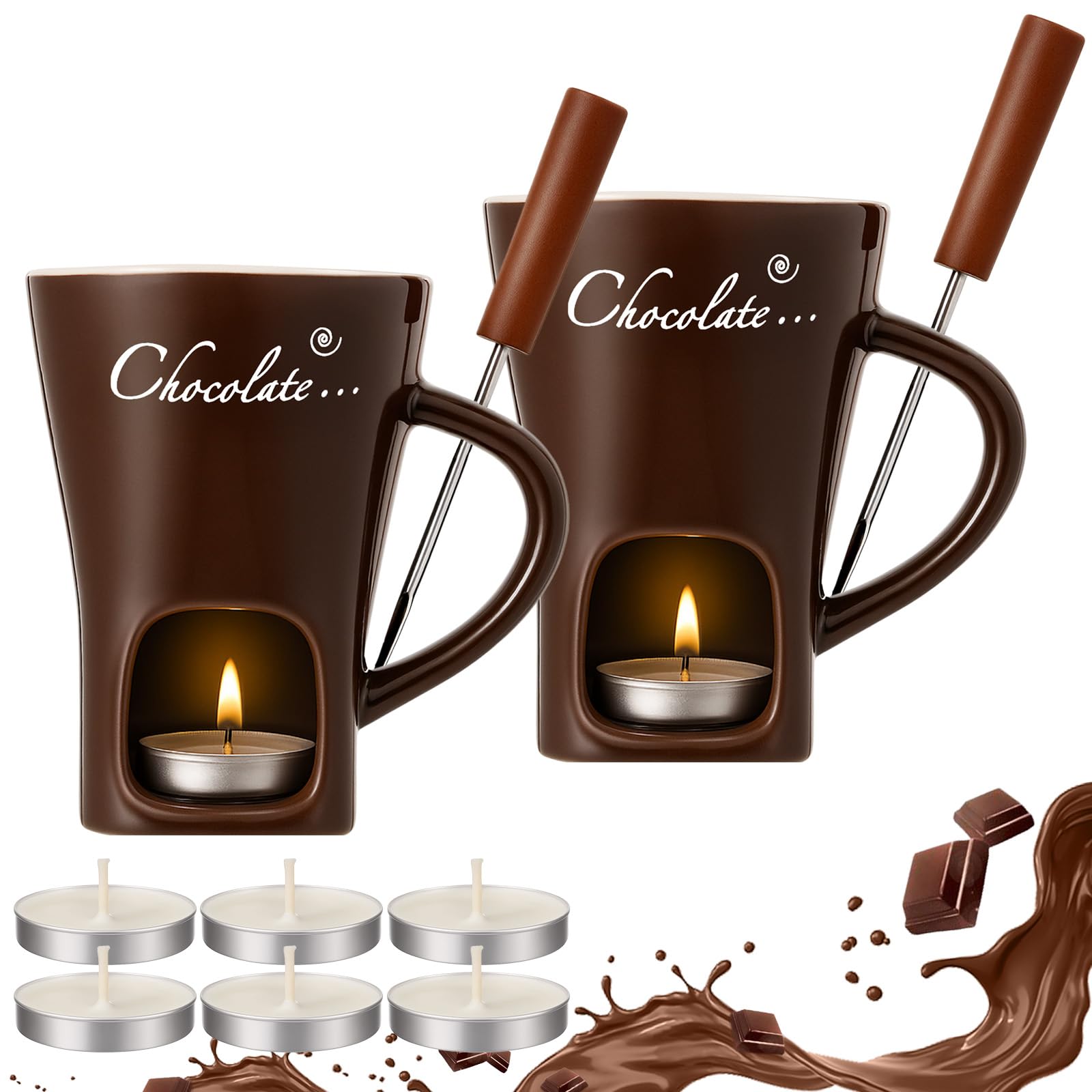 Honeydak 2 Set Chocolate Fondue Mug with Fork ＆ Candle, Brown