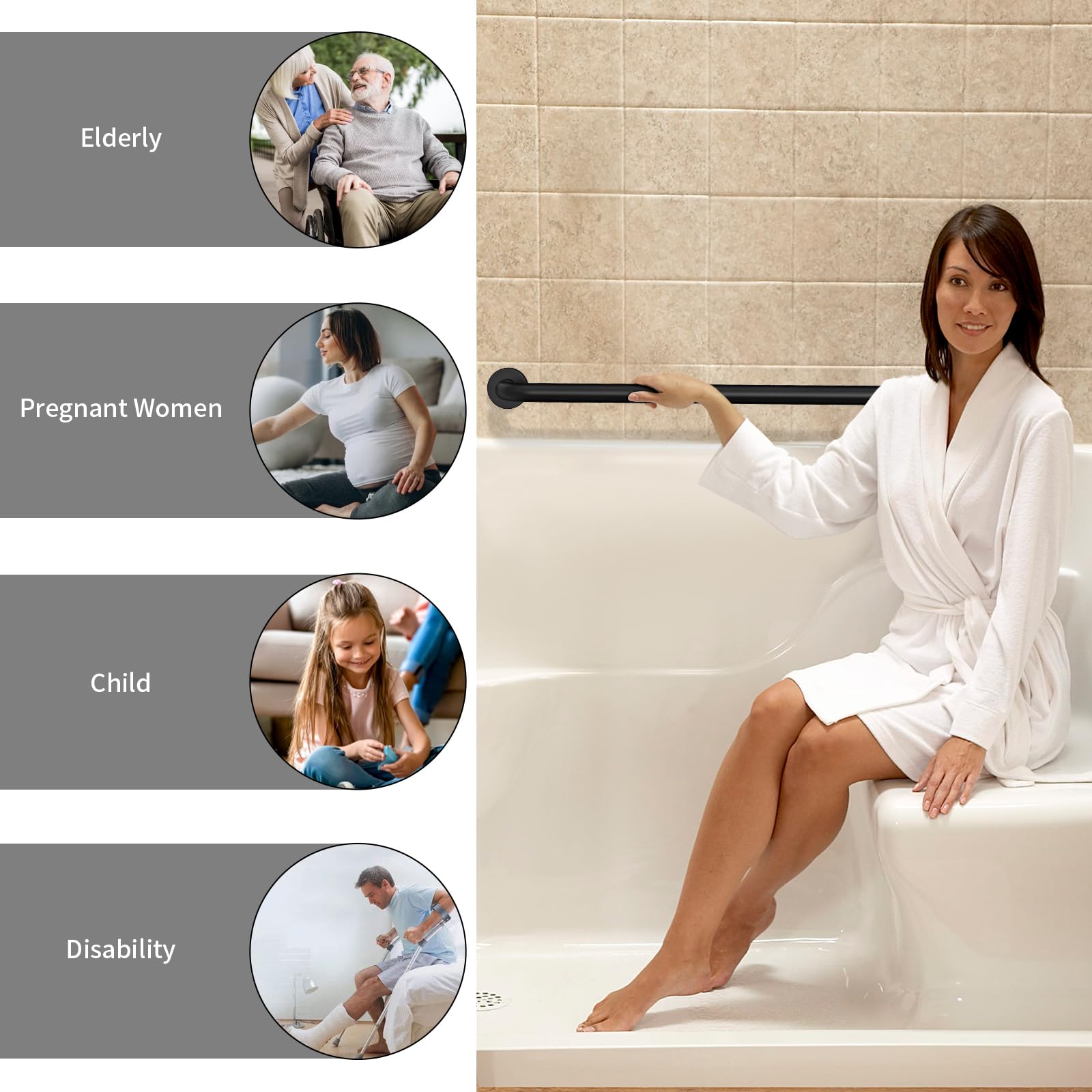 Zuext - Barra di sostegno per doccia, in acciaio inox, per vasca da bagno, con maniglia, per bilanciamento della doccia, supporto di sicurezza per mano/mano/mano/disabili anziani (3,2 cm di diametro)