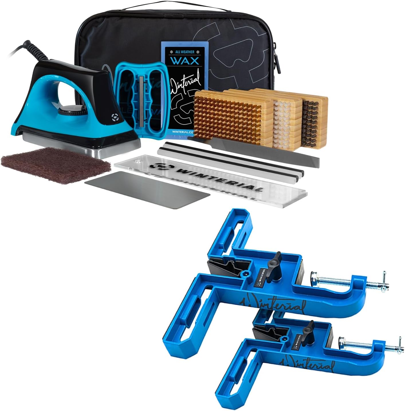 Winterial Vise Grip and Tuning Kit Bundle, for Skis and Snowboards, Two Vice Grips and 10 Part Tuning Kit with Iron, All-Temp Snowboard Wax, Angled Edge Tuner File, PTEX Rods and Wax Apron