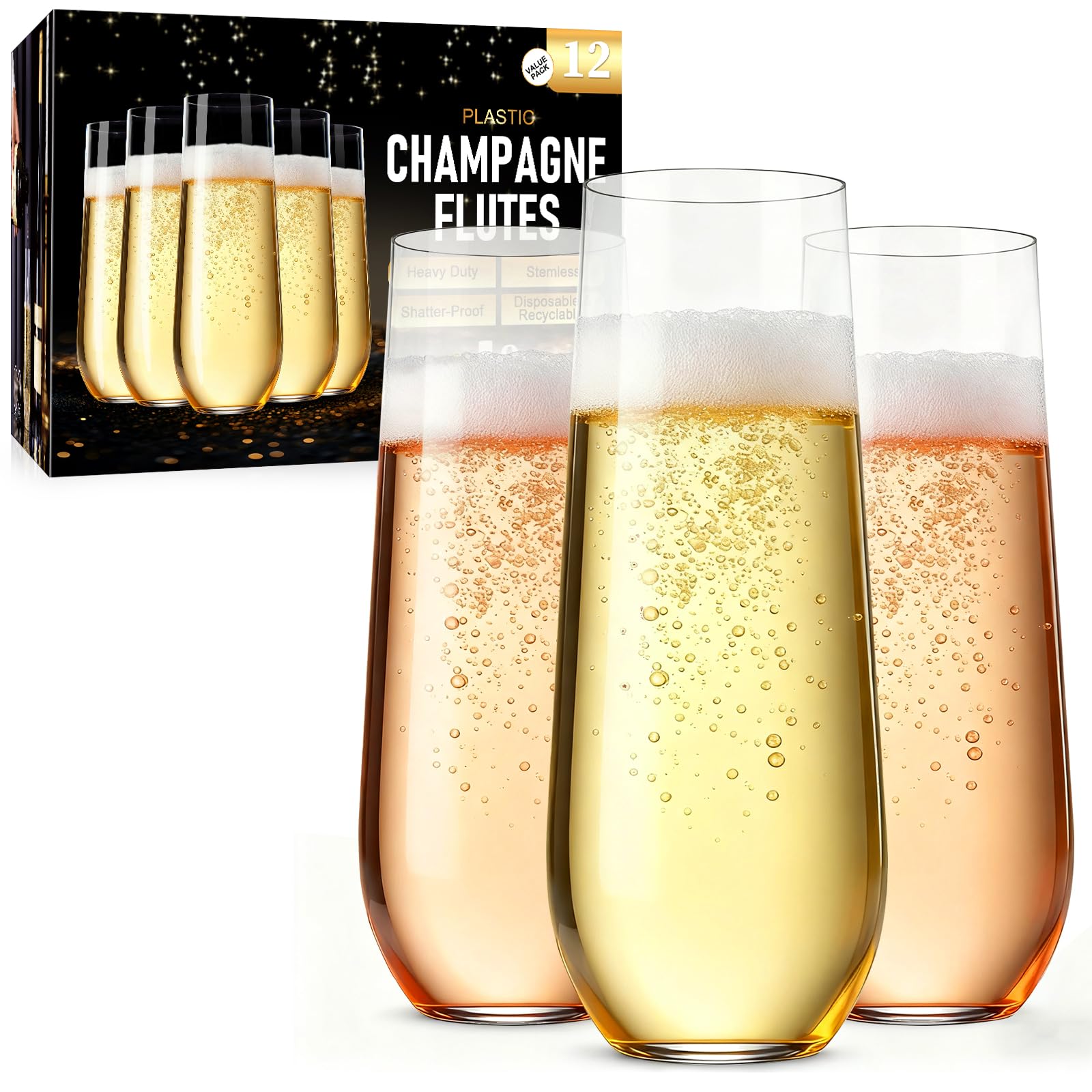 Photo 1 of Guanqiao 12 Pack Stemless Plastic Champagne Flutes, 9 oz Clear Disposable Plastic Glasses, Heavy Duty Shatterproof Recyclable Mimosa Glasses for Party Wine Tasting Wedding New Years Eve Party Supplies