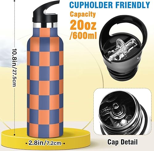Miniatura 2 de Botella de agua con aislamiento al vacío de tablero de ajedrez azul y naranja a prueba de fugas y sin bisfenol A (BPA) para deportes, viajes y