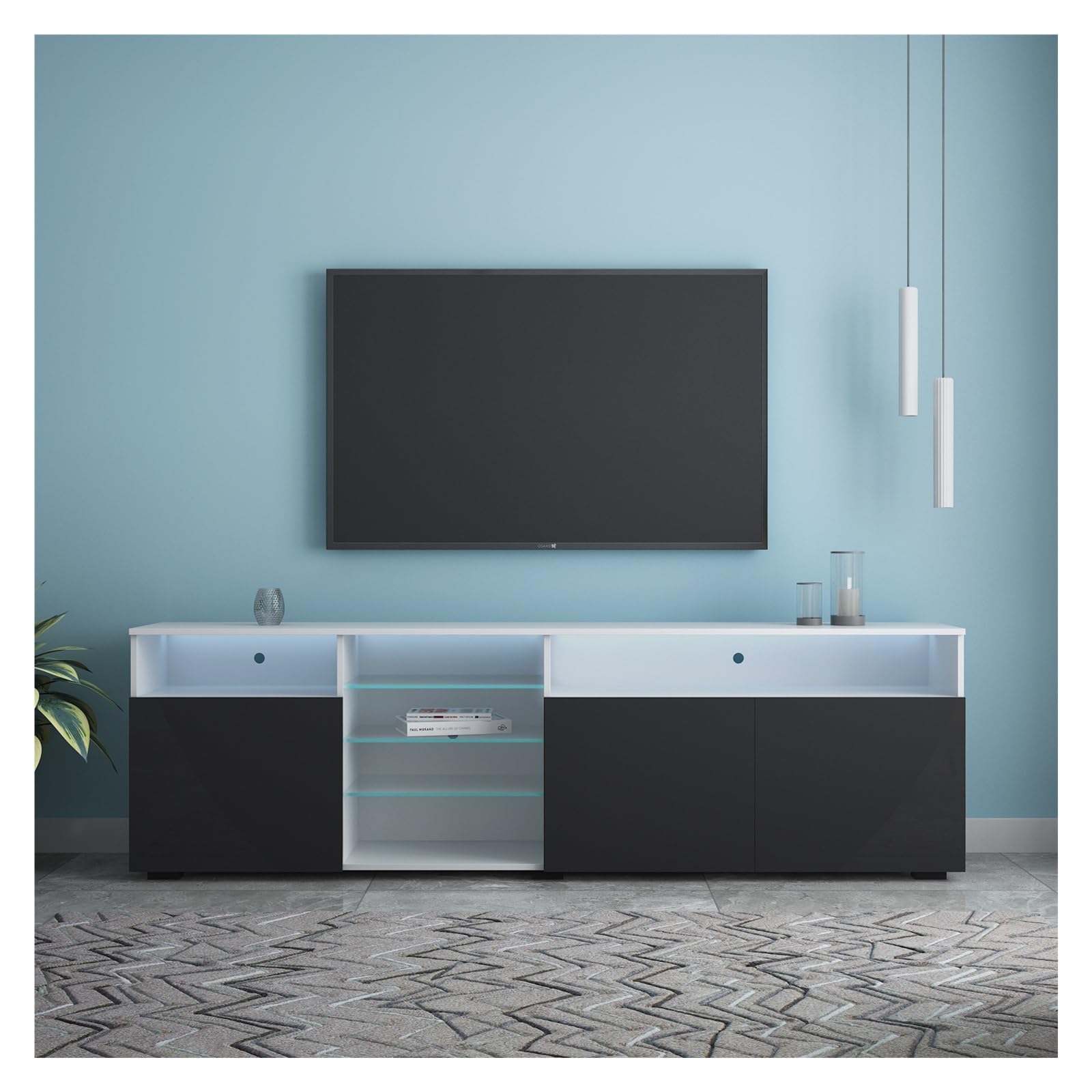 LED TV Cabinet with 3 Doors Modern TV Stand 200x35x55CM Console Solid Wood Table,