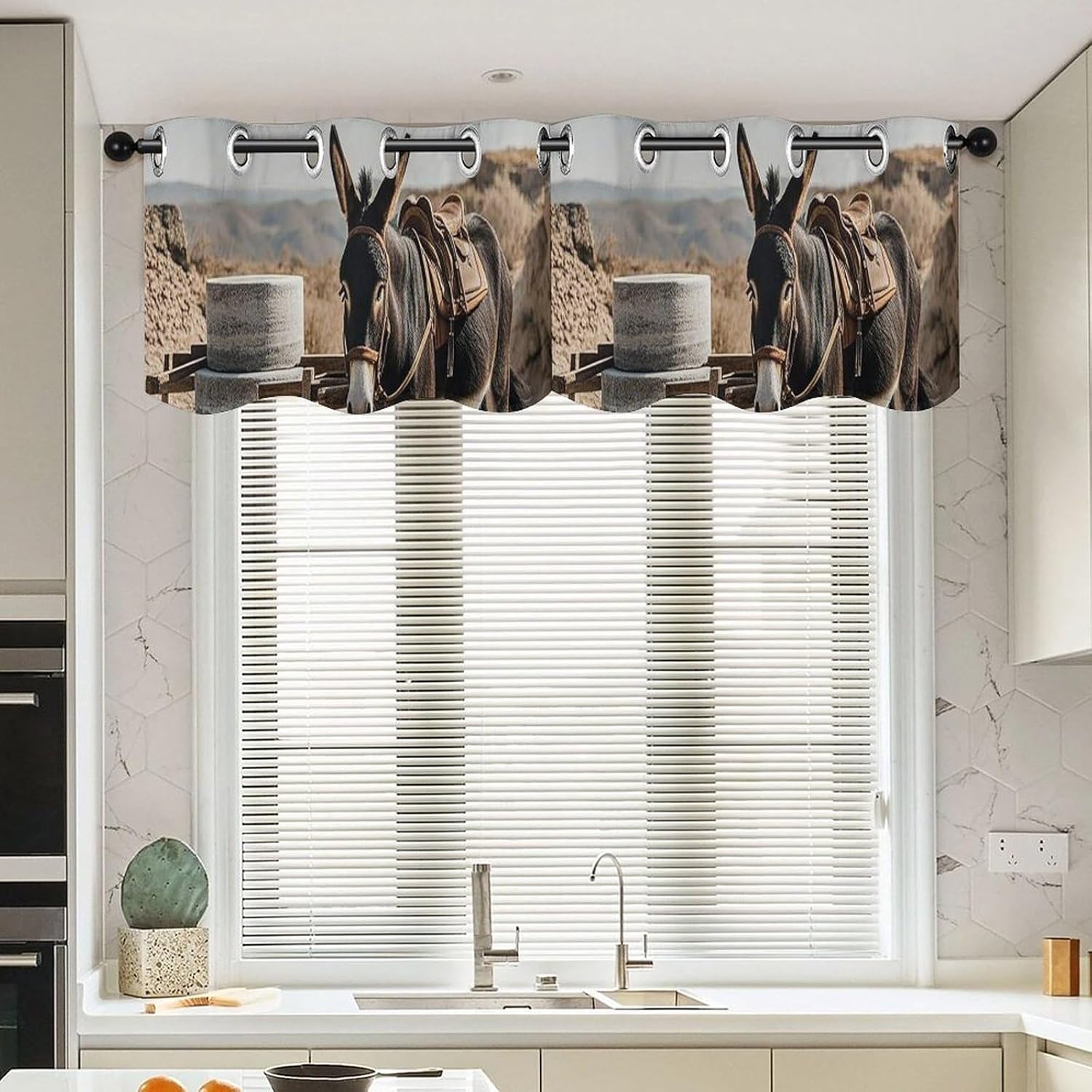 Donkey Pulling Mill Valance for Windows, 2 Pack Kitchen Curtains Modern Home Decor, Soft Blackout Window Curtains for Living Room & Bedroom, 18 X 52 Inch