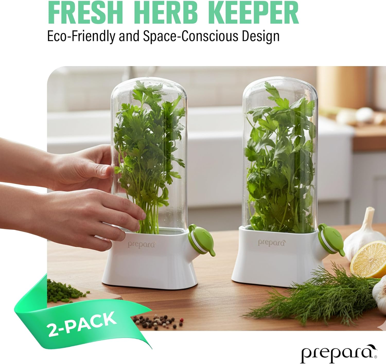 Prepara Herb Savor Eco Fresh Herb Keeper - Compact for Sleek Fridge Storage, BPA Free Plastic - Plant Hydration Container Prolongs Freshness Up to 3 Weeks - Dishwasher Safe (2-Pack)