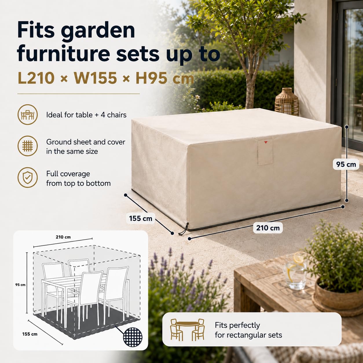 HOME It Garden Pokrowiec na meble ogrodowe 210×155×95 cm - Oxford 600D powlekany PVC, wodoodporny, ochrona UV, 2 otwory wentylacyjne, zamek błyskawiczny i ściągacz, piaskowy