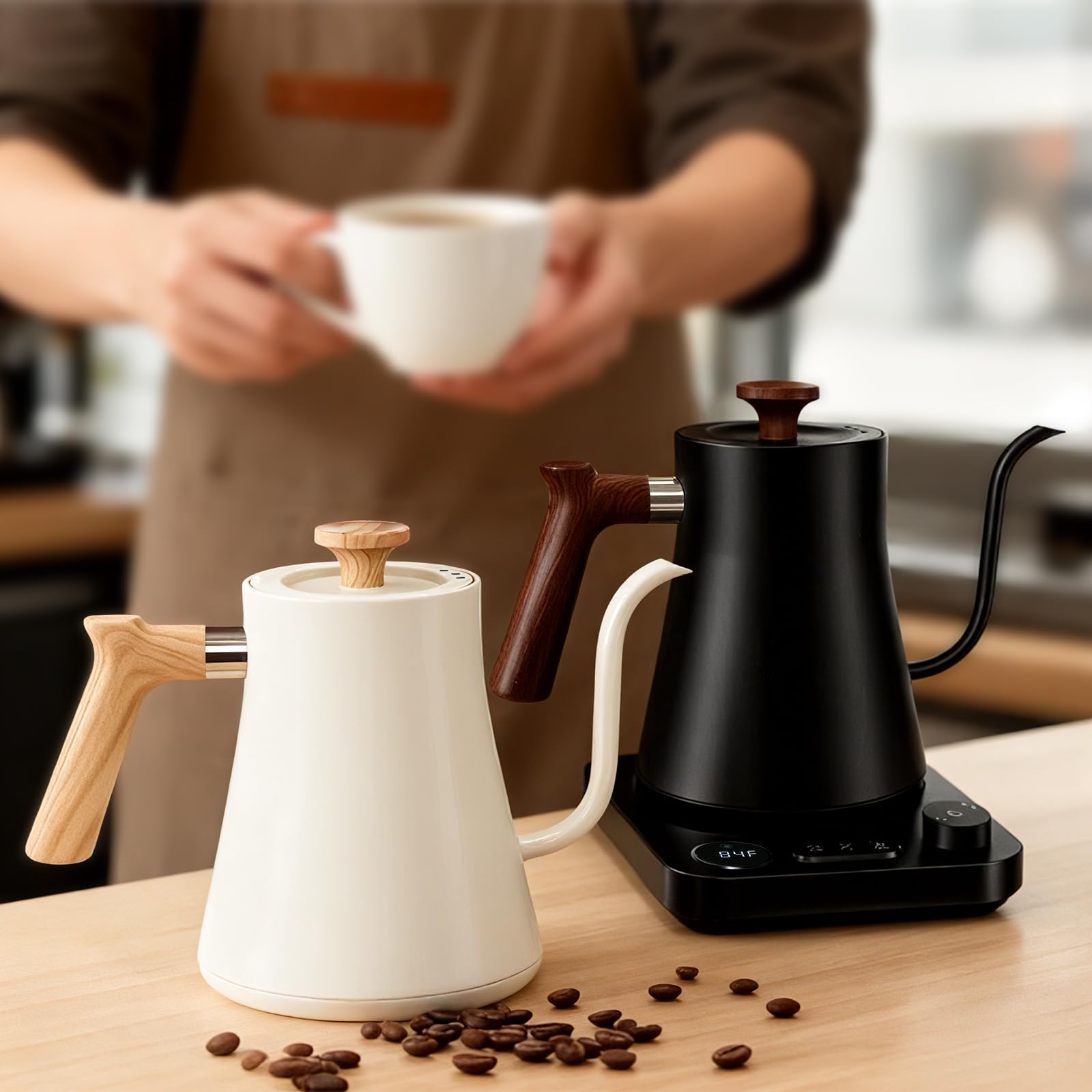 Gooseneck Electric Kettle with Temperature Control, 0.9L Pour Over Coffee Kettle, 1200W Fast Boil, Stainless Steel Interior, Auto Shut-Off & Boil-Dry Protection, for Coffee and Tea (beige)