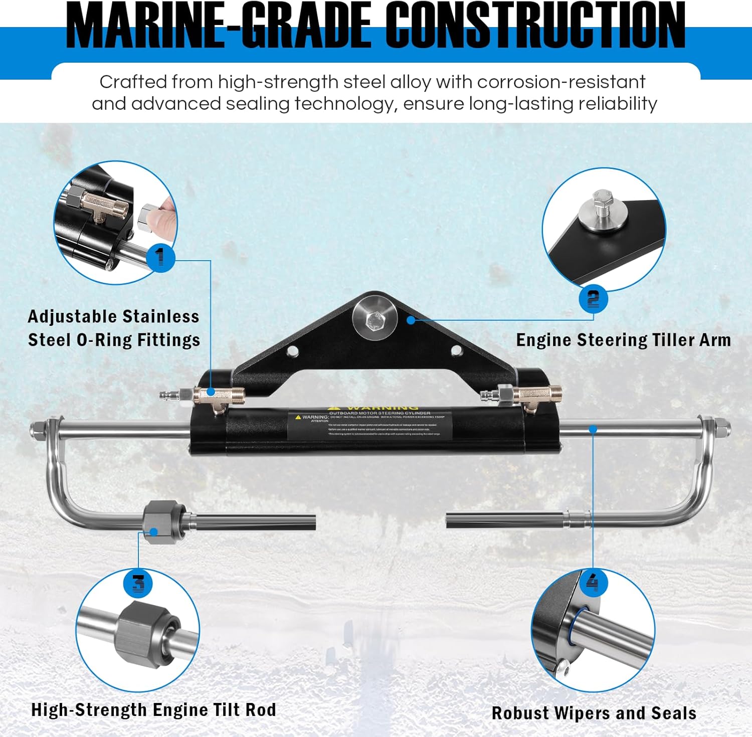 Camoo 150HP Hydraulic Outboard Steering Cylinder Replaces for Seastar HC4645H Front Mount Cylinder, Two-Way Lock Valve Front-Mount Aluminum Alloy Cylinder for Boats Up to 150HP