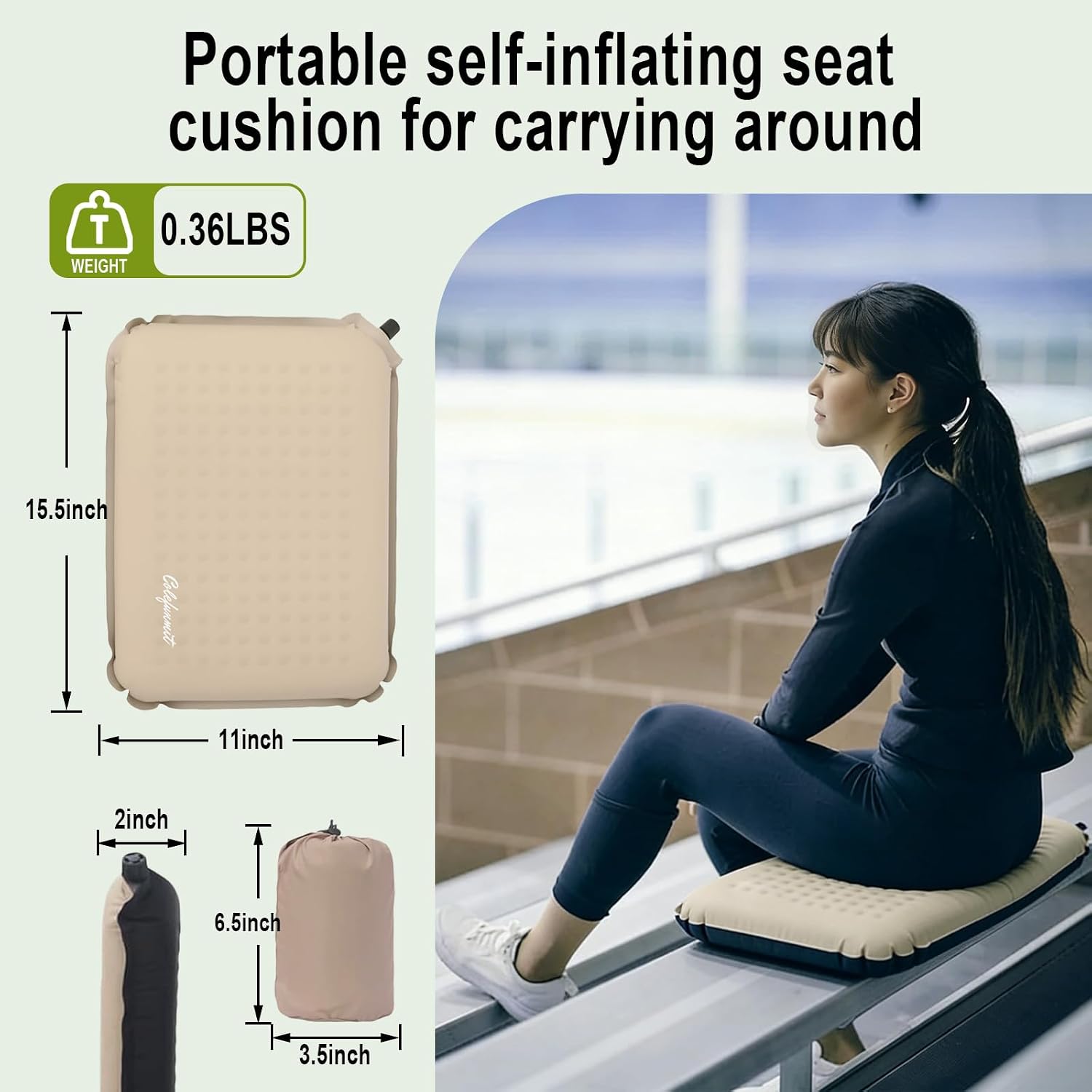 Inflatable Seat Cushion, Self-Inflating Portable Stadium Airplane Travel Sitting Pad, Memory Foam Cushion Pad for Camping, Sports Events, Outdoor (Beige+Black)