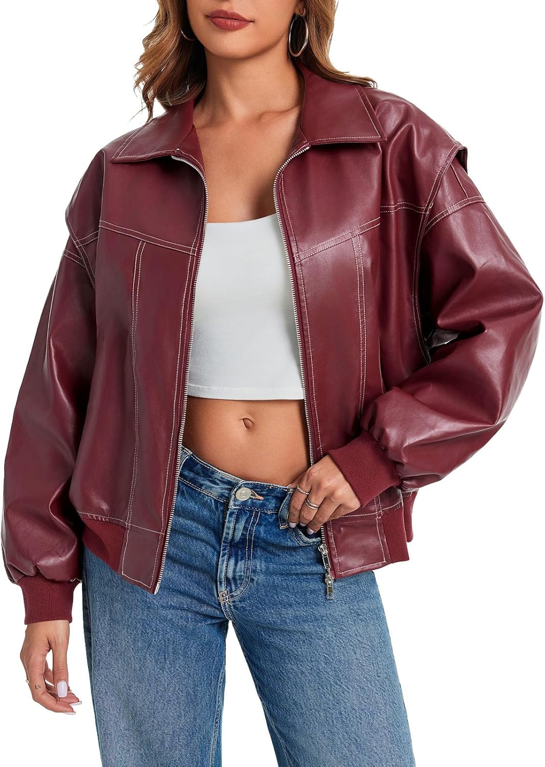 Tankaneo Womens Oversized Leather Bomber Jackets Cap Sleeve Zip Up Motorcycle Coats with Pockets - Image 2