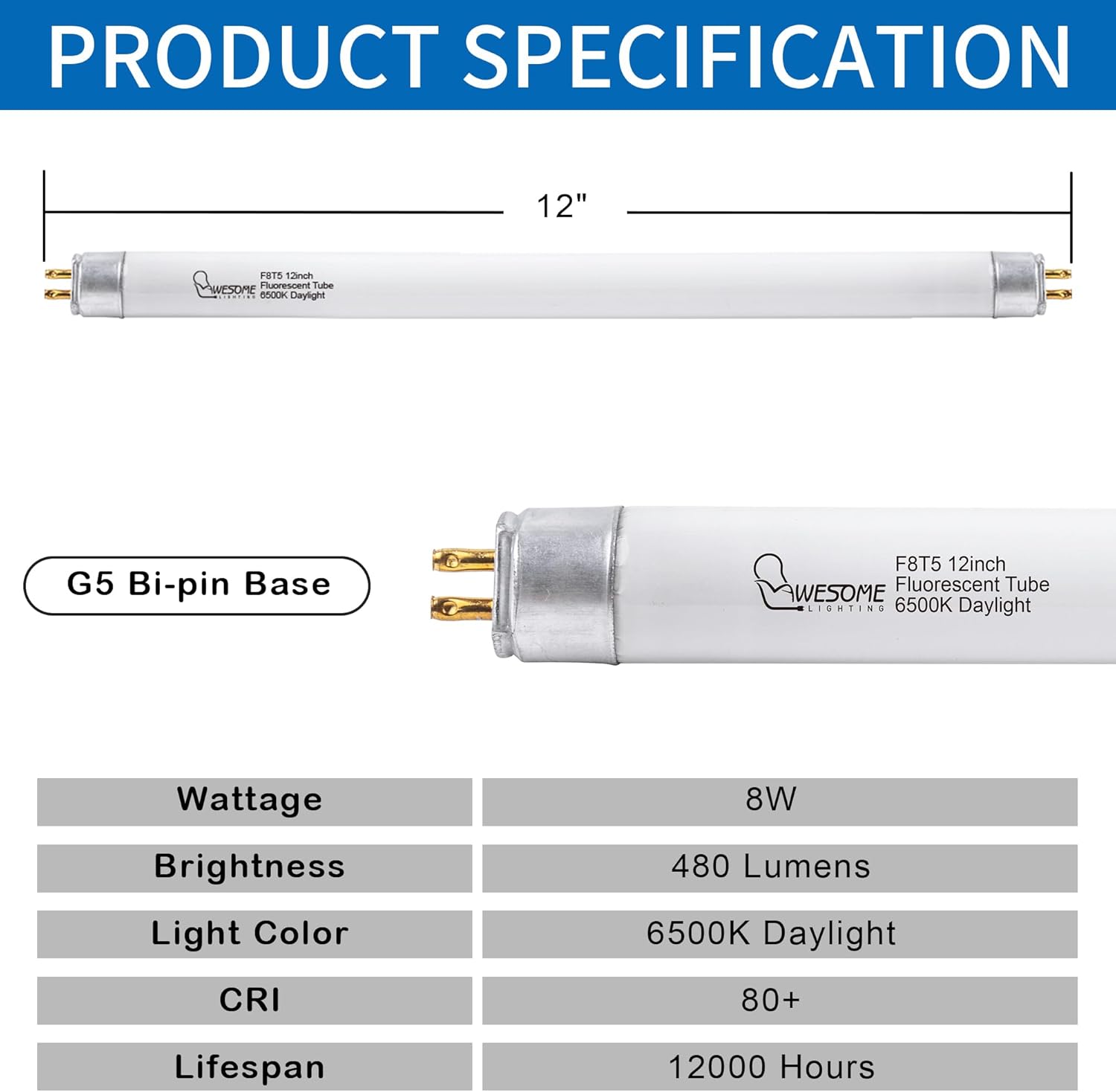 8 Pack 12 Inch F8T5/DL Fluorescent Light Bulb, 6500K Daylight, T5 8 Watts Fluorescent Replacement Bulb for Counter and Cabinet Fixture, G5 Base
