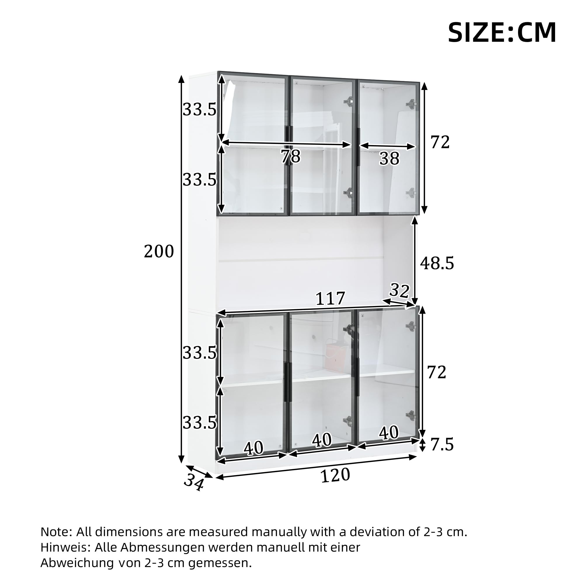 Vitrina de 120 x 34 x 200 cm, vitrina de pie con 6 puertas, zona de almacenamiento libre, armario alto, vitrina de cristal con LED, armario de salón de 120 cm de ancho, armario multifunción