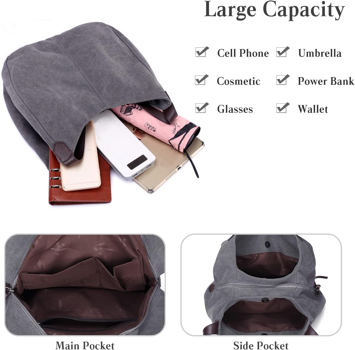 PORRASSO Women Hobo Shoulder Bag Canvas Handbag Ladies Tote Vintage Top-Handle Bag