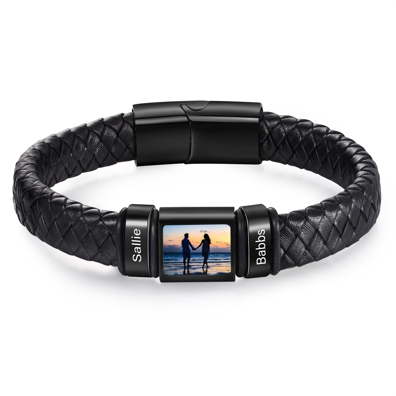 Personalized Bracelet for Men, Custom Bracelet with 1 Photo &amp; 1-6 Names, Engraved Leather Bracelet for Men Dad Bracelet Fathers Bracelet for Dad Grandpa Boyfriend