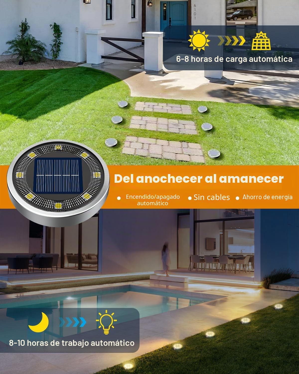 btfarm 8 Paquetes Luces Solares LED Exterior Jardin Suelo, 8 LED Luz Solar Exterior Jardin, IP65 Impermeable Lamparas Solares Suelo Camino, Césped, Patio, Terraza (Blanco Cálido)