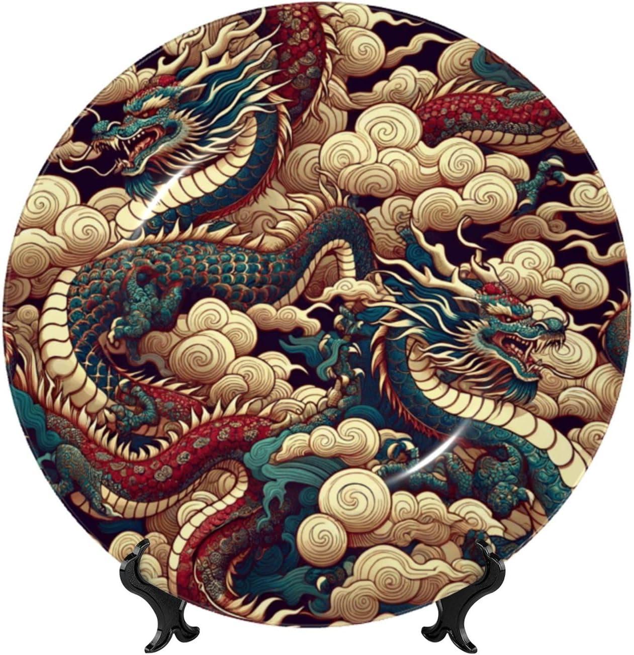 Cloud-Dragon-China-Japanese 10 Inch Decorative Plate With Stand, Elegant Display Wall Plate For Home Decor