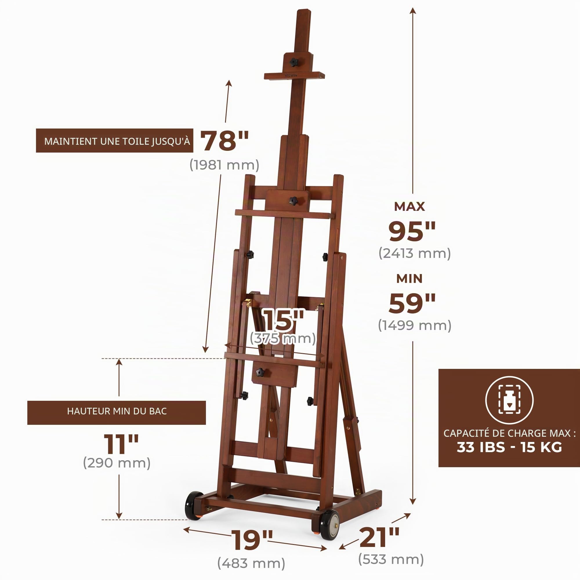VISWIN Chevalet portable pliable à cadre en H de hauteur maximale 95", chevalet de sol mobile avec 2 roulettes silencieuses, chevalet de peinture d'artiste en bois de hêtre massif
