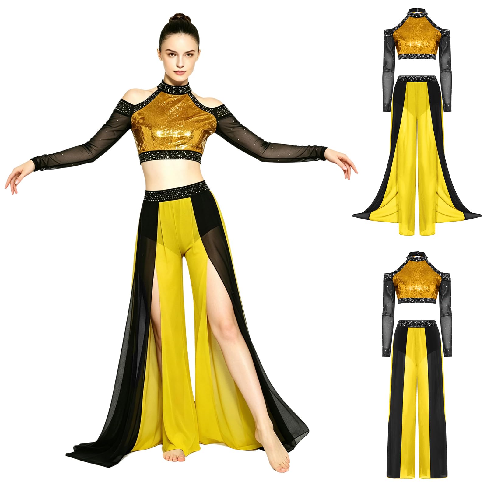 Aislor Donna Abbigliamento da Ballo Lirico A Due Pezzi Completo Danza del Ventre Truccoletti con Sequine + Pantaloni Largo Pantalone Fenduti