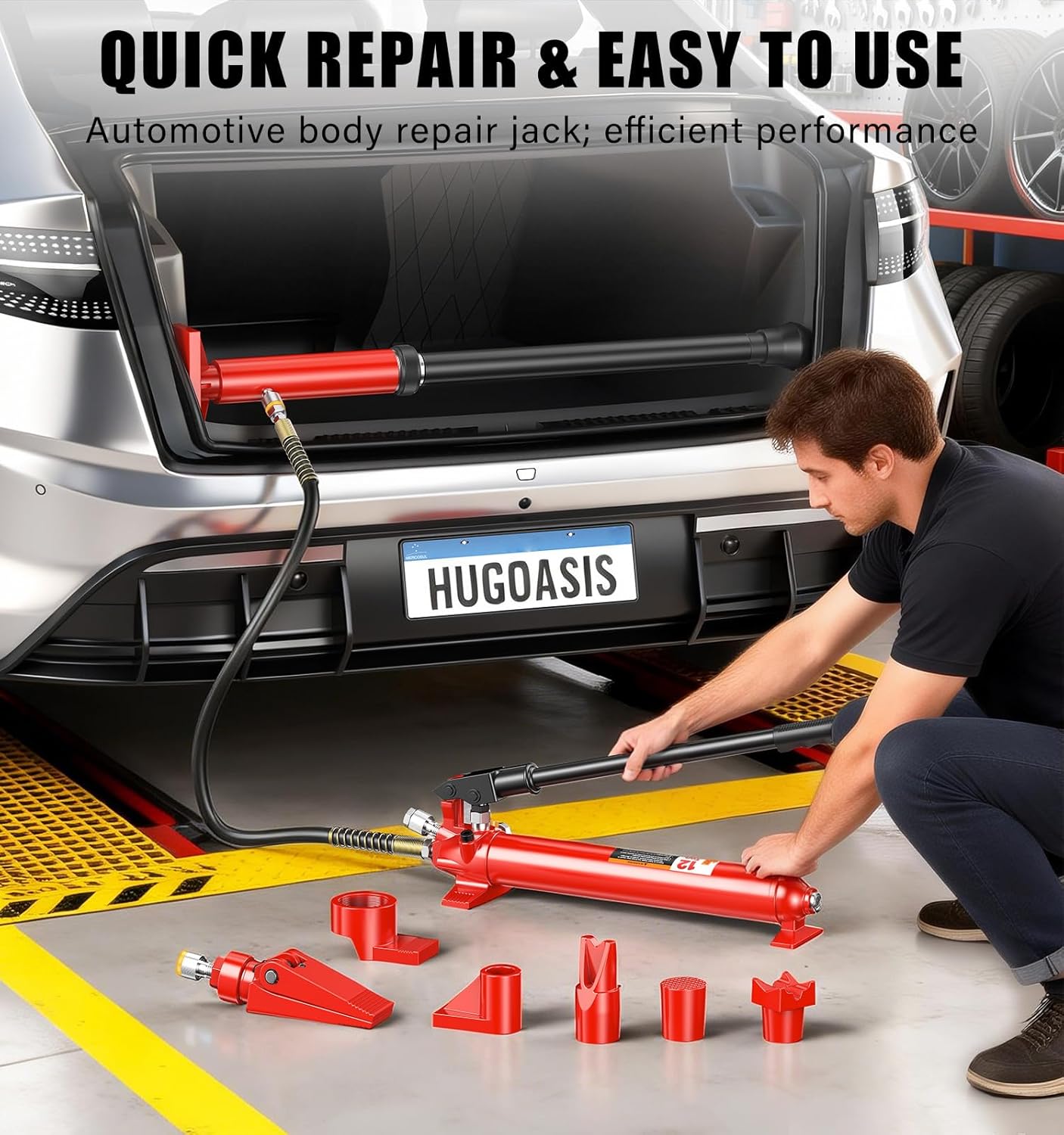 Hydraulic Body Repair Kit 12 Ton, Portable Automotive Floor Jack Ram Pump Set, All Steel Frame Straightening Tool with Extension Tubes, Spreader & Wedge Heads