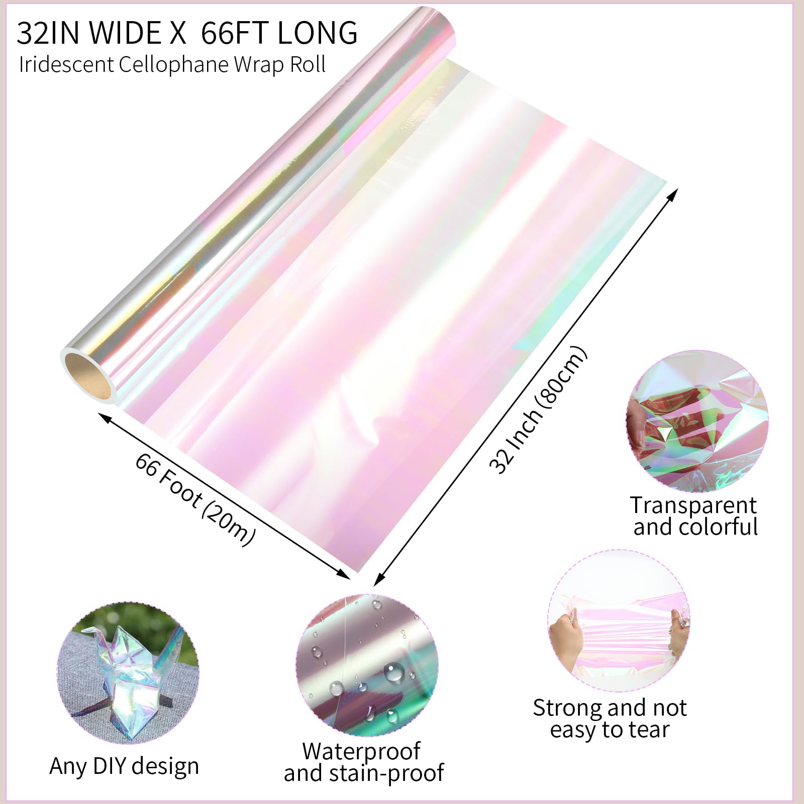 POPGIFTU Emballage Papier Cadeau Irisé Transparent En Cellophane Papier | Déplié 86 cm de large x 15 m de long | Rouleau de papier d'emballage en cellophane irisé pour Arts, bouquet Bonbons